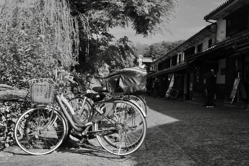 Vintage bicycle parked on a quiet street with traditional buildings and trees creating a nostalgic atmosphere.