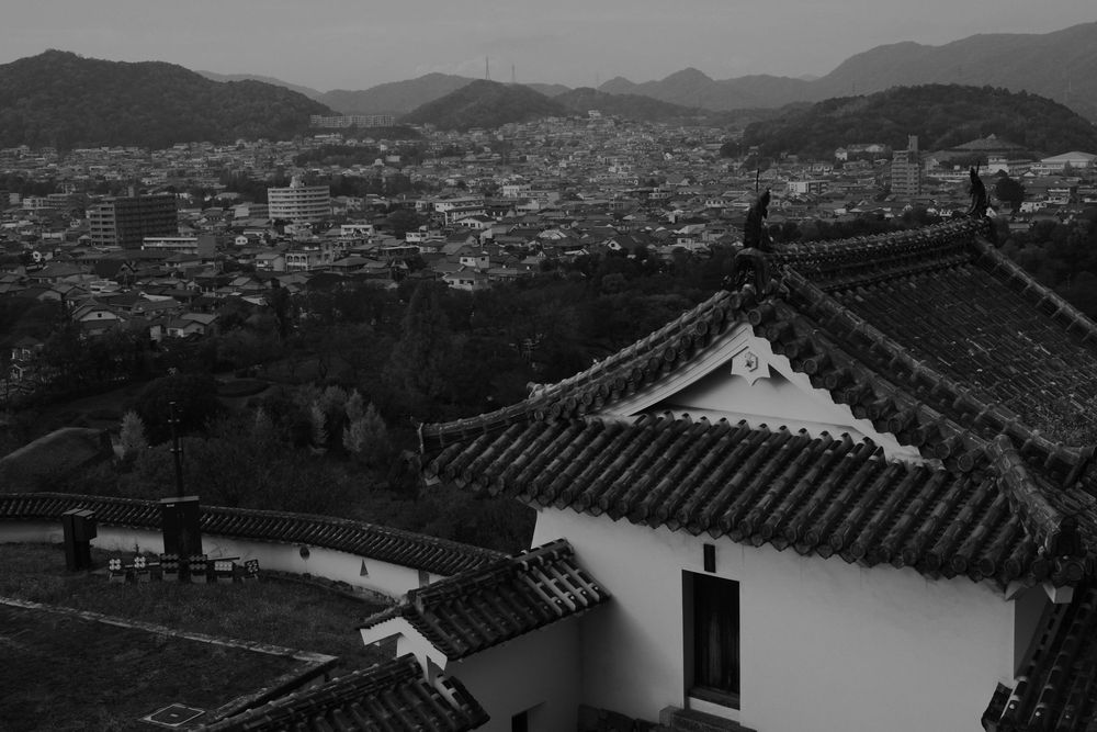 Panoramic view of a traditional Korean village with tiled roofs nestled among mountains and valleys.