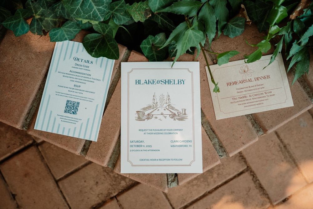Wedding Invitation suite styled in a garden in Weatherford, Texas at Clark Gardens