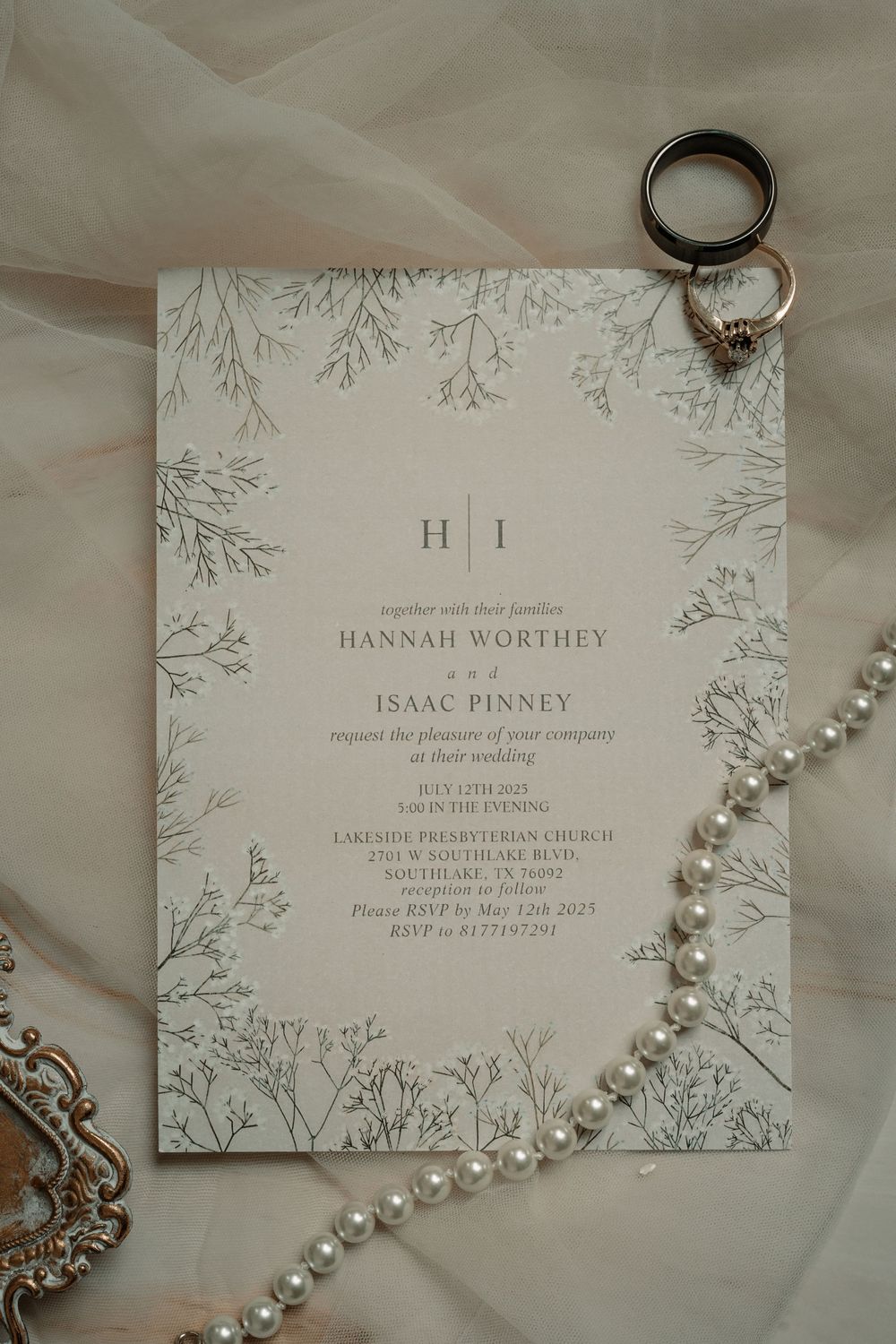 simple elegant wedding invitation styled with wedding rings at Southlake Texas wedding