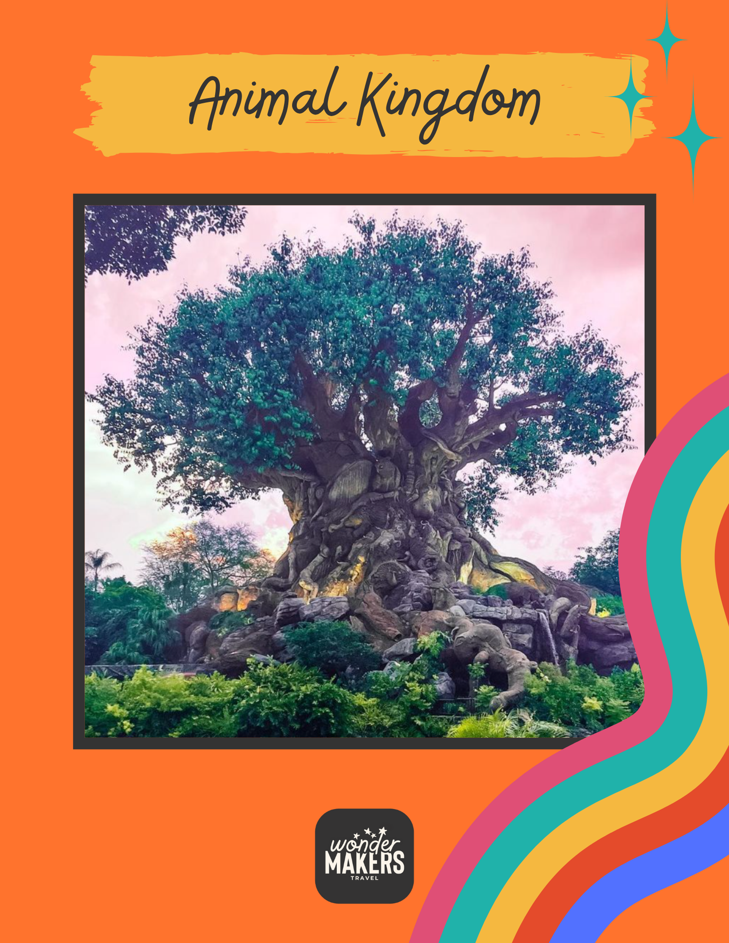 Panoramic view of the iconic Tree of Life at Disney's Animal Kingdom against a sunset sky.