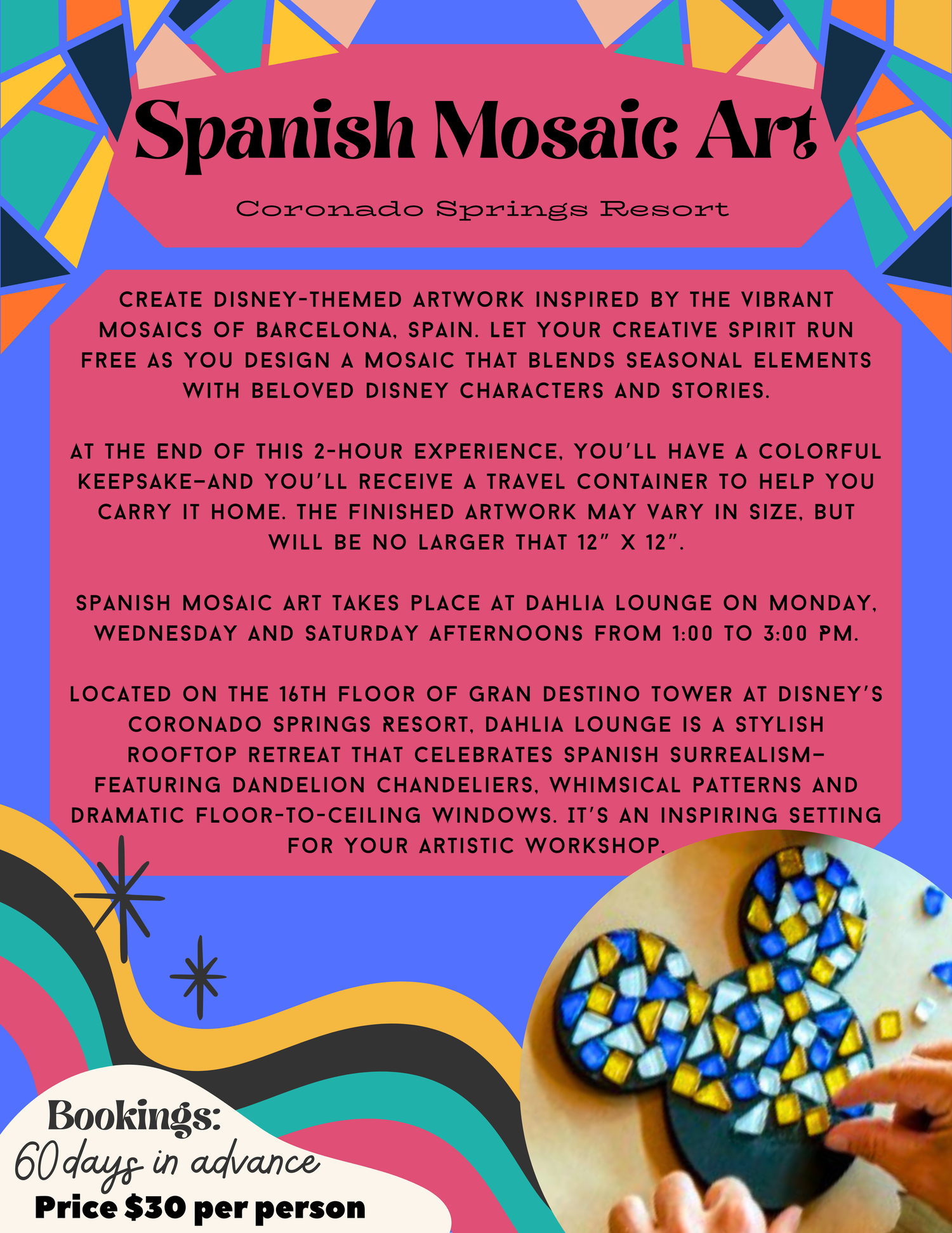 Promotional graphic for Spanish Mosaic Art workshop featuring geometric patterns and booking information.