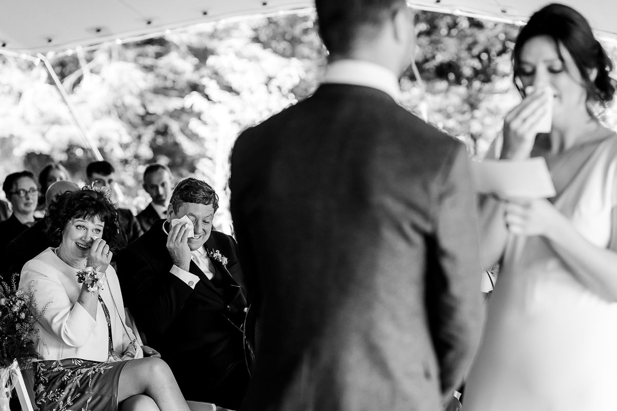 Black and white photo of emotional wedding ceremony reactions from attendees.