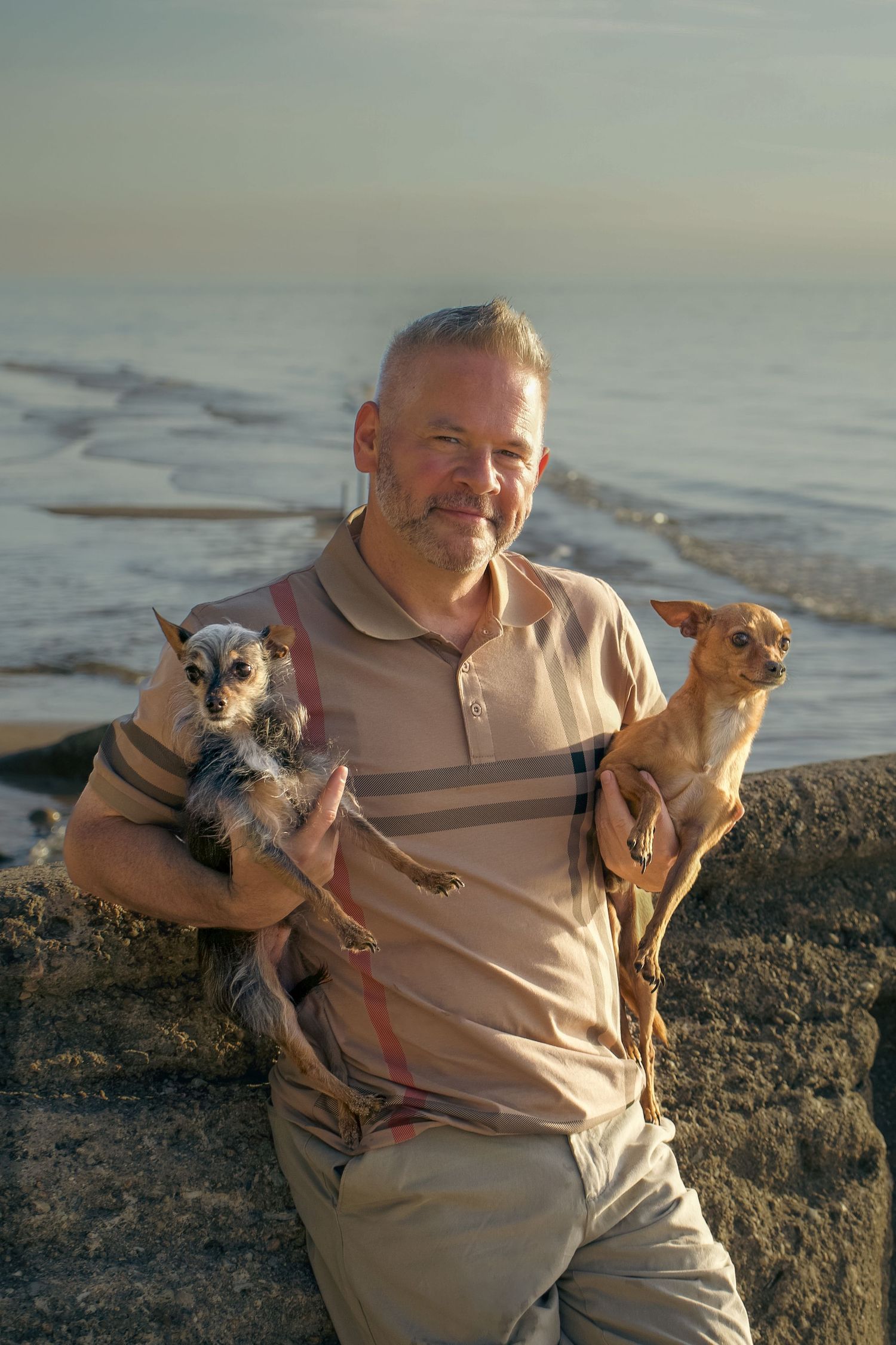 A person in a beige sweater sits on a beach with two small dogs at sunset.