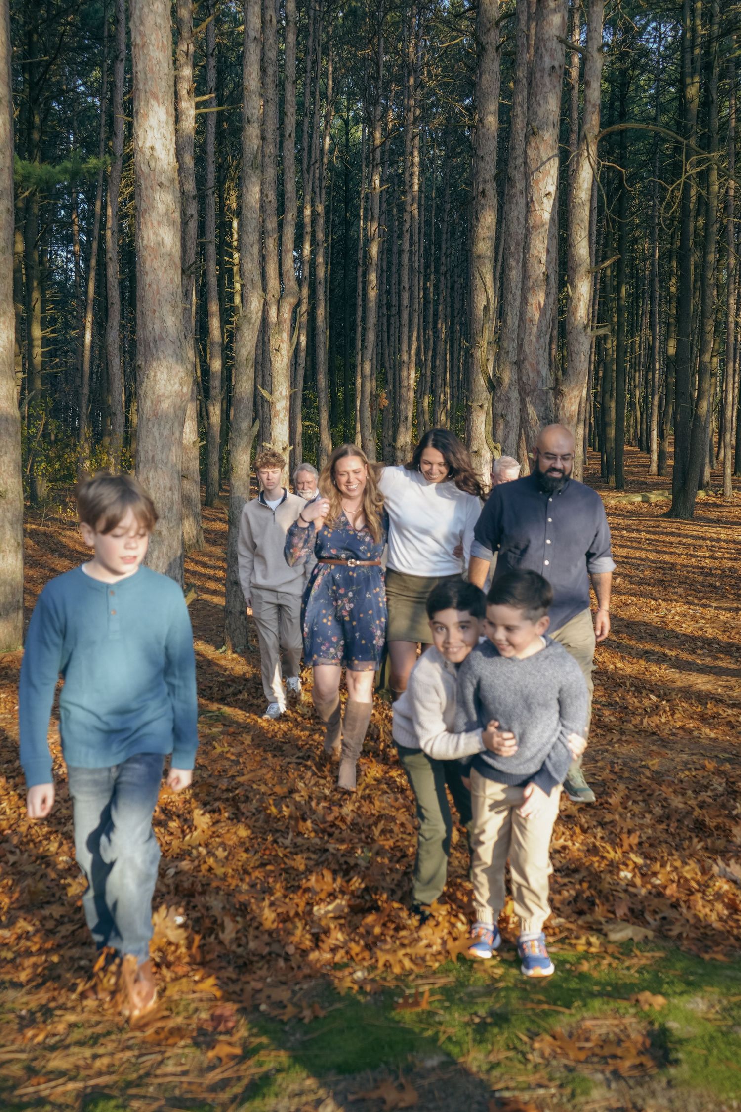 A group of people walk together through a pine forest with fallen autumn leaves covering the ground.