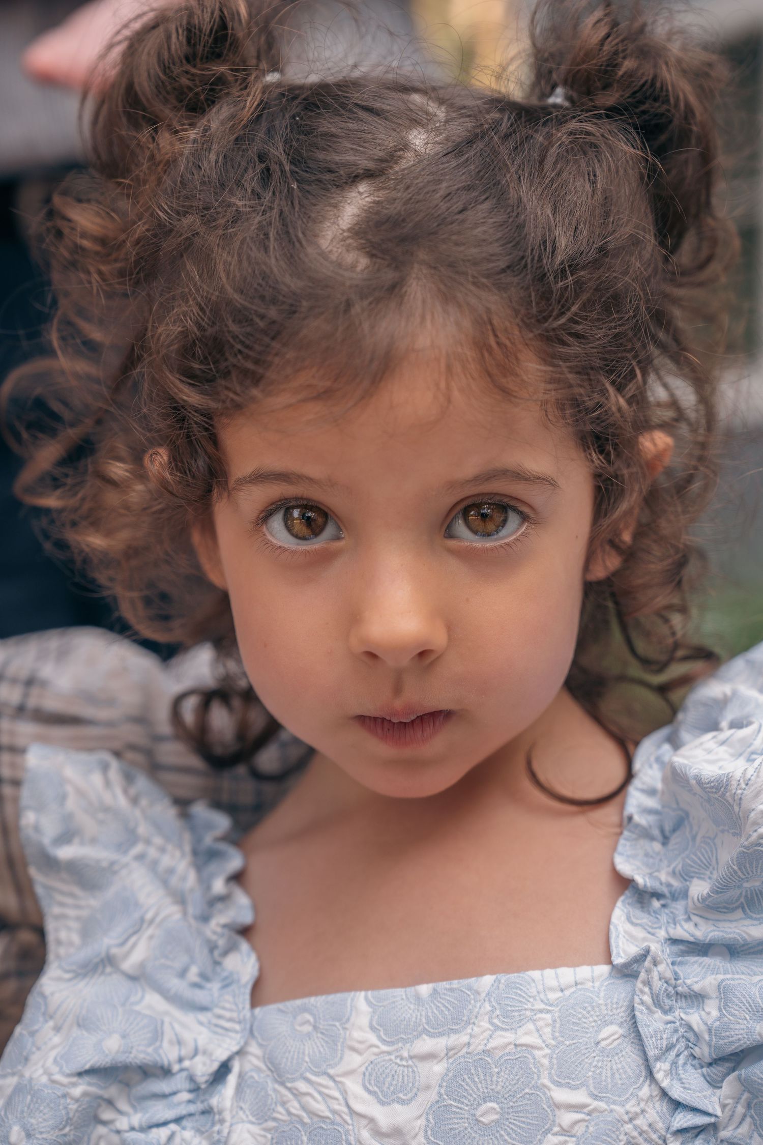 A young girl with curly brown hair in pigtails wearing a light blue floral dress, looking at the camera.