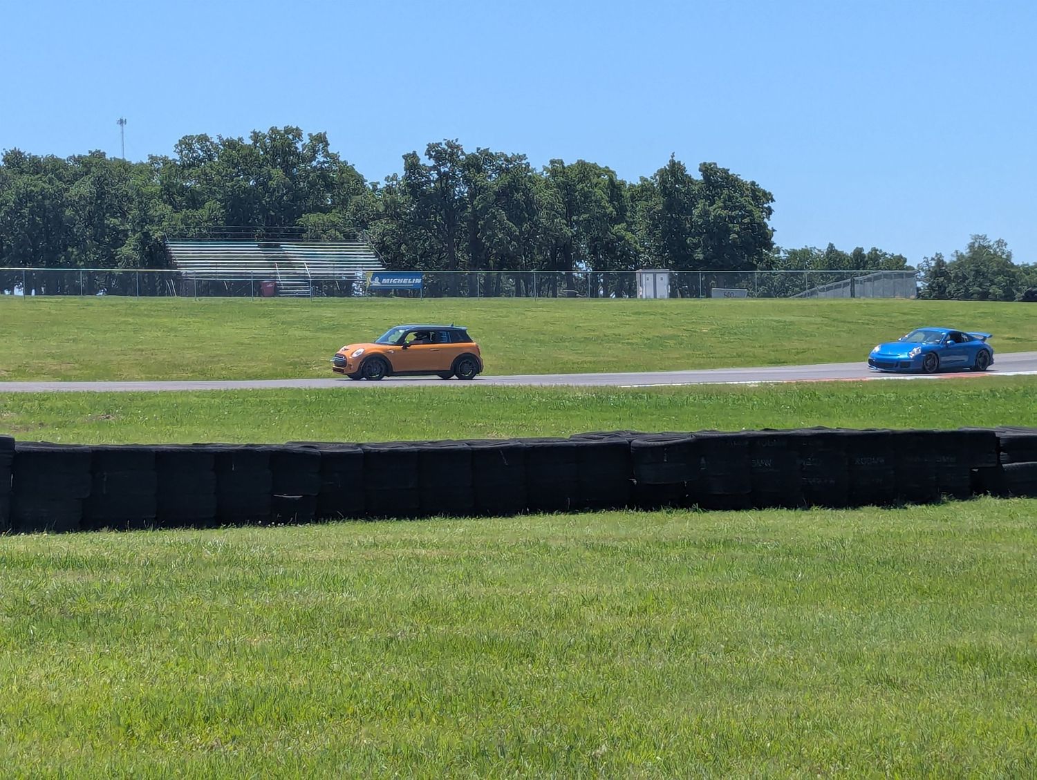 Red and blue cars competing on a winding race course surrounded by grassy fields.