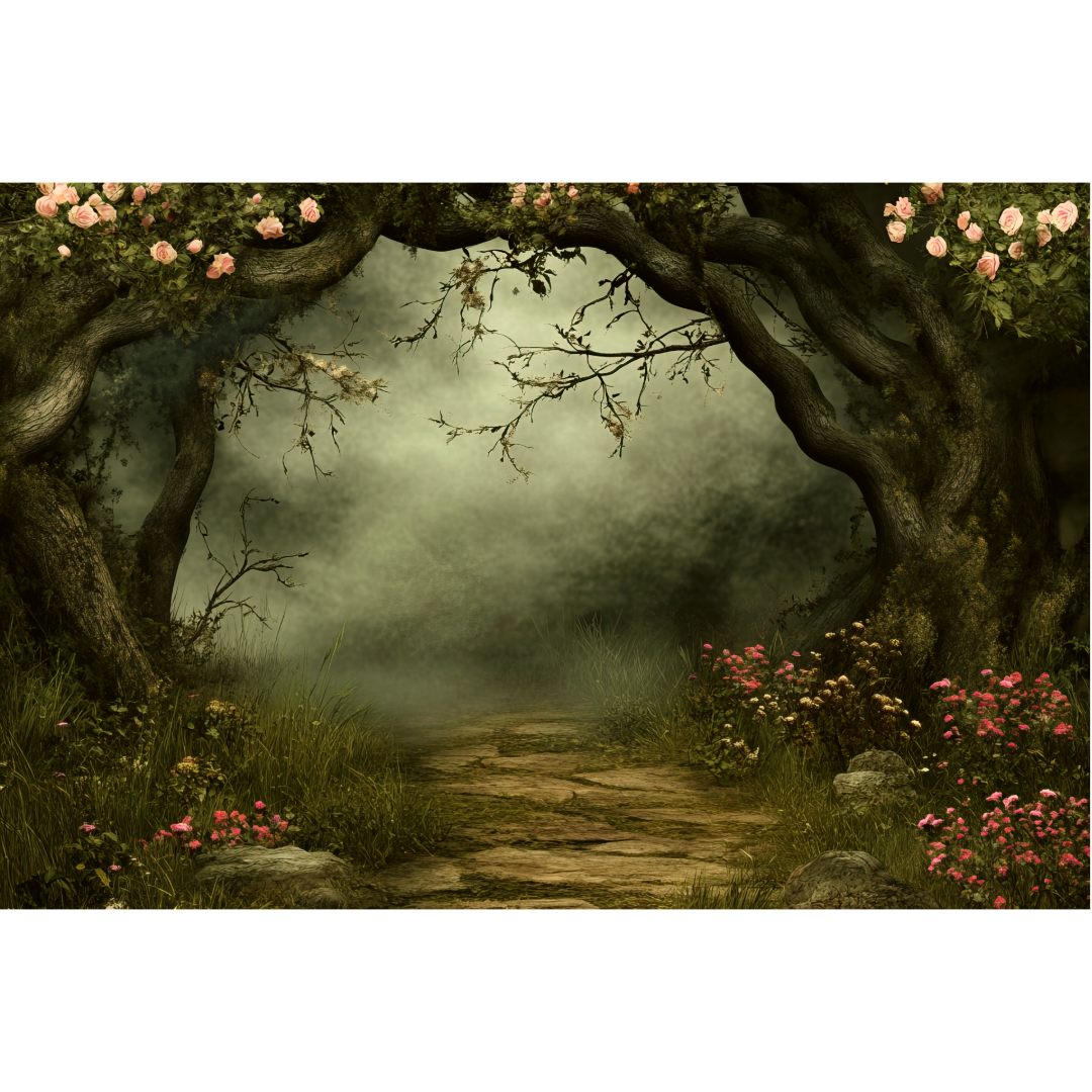 A misty forest path with twisted trees creating an archway, pink flowers blooming along the edges in a magical atmosphere.
