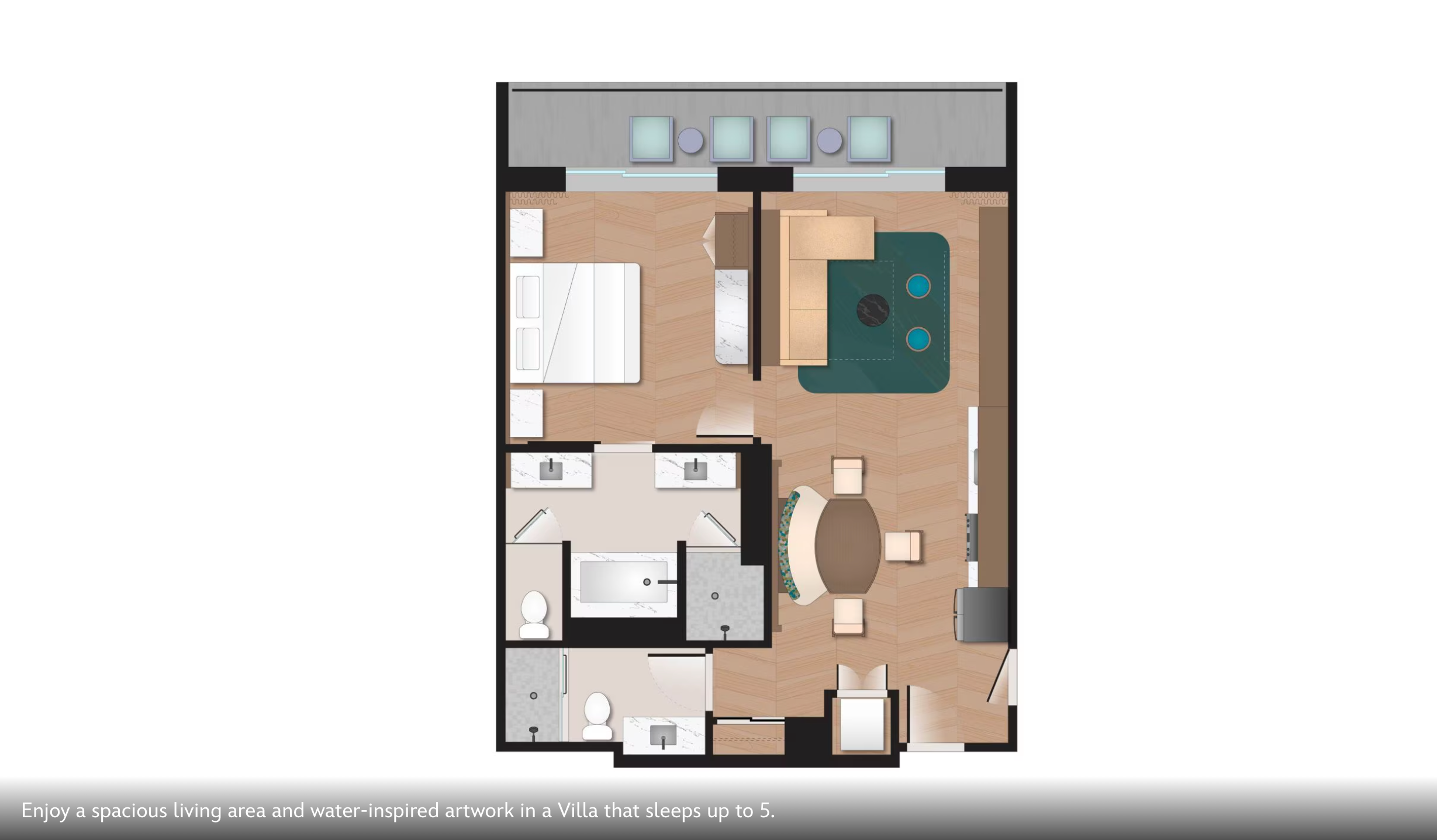 Detailed floor plan of a hotel room showing bathroom and living areas.