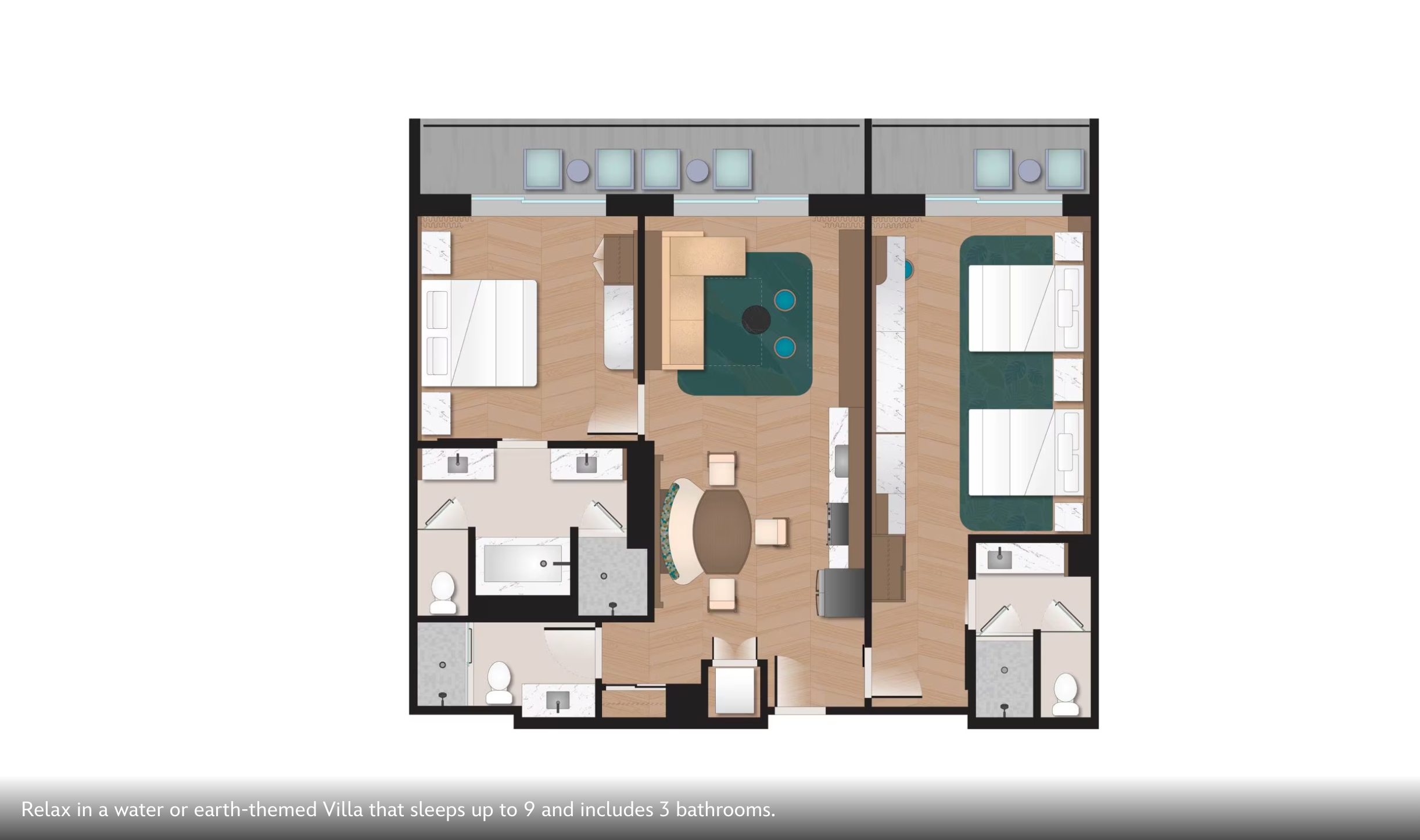 Floor plan layout showing a modern studio apartment with bathroom, living area, and kitchen space.