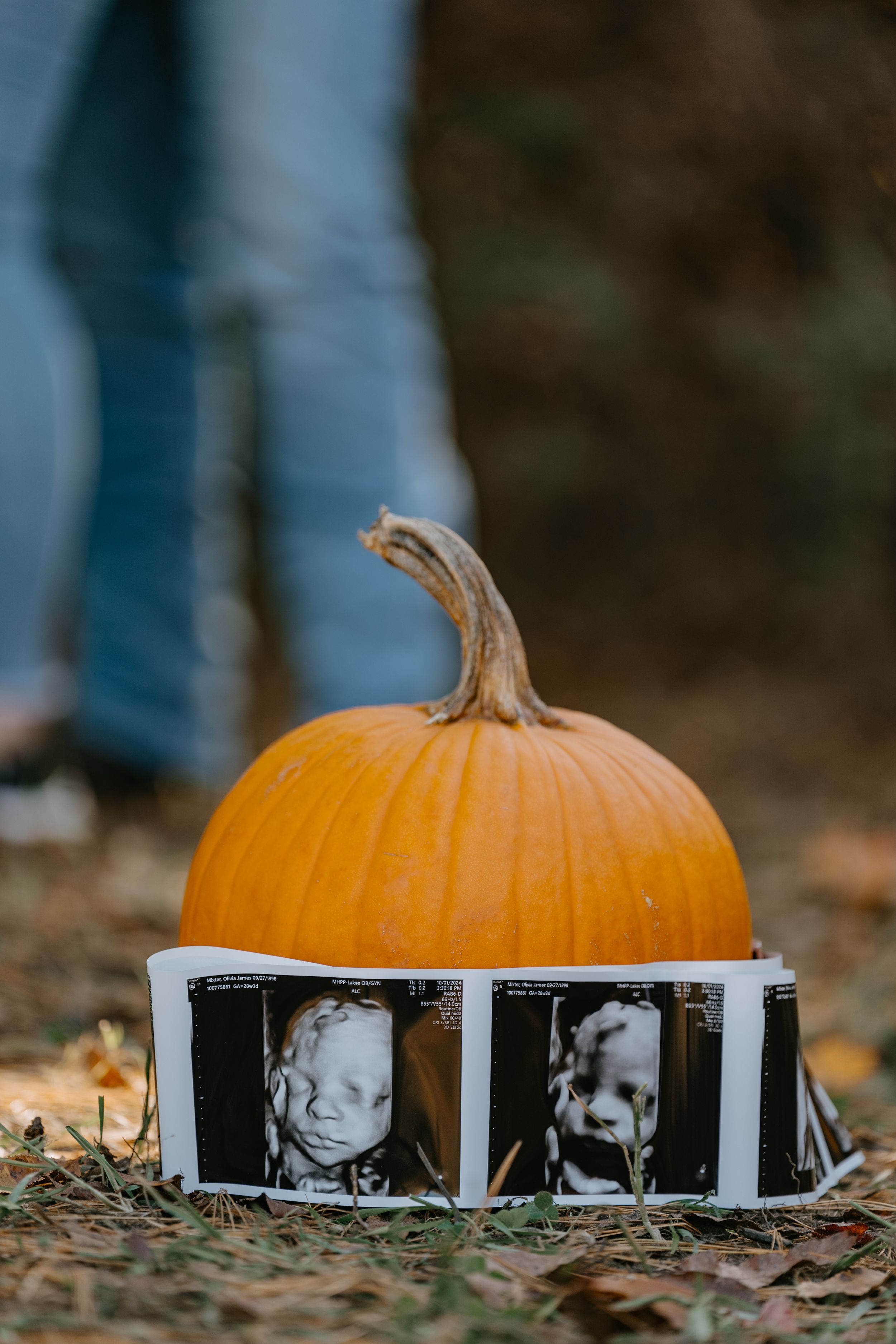 A bright orange pumpkin sits atop ultrasound photos on fallen autumn leaves.
