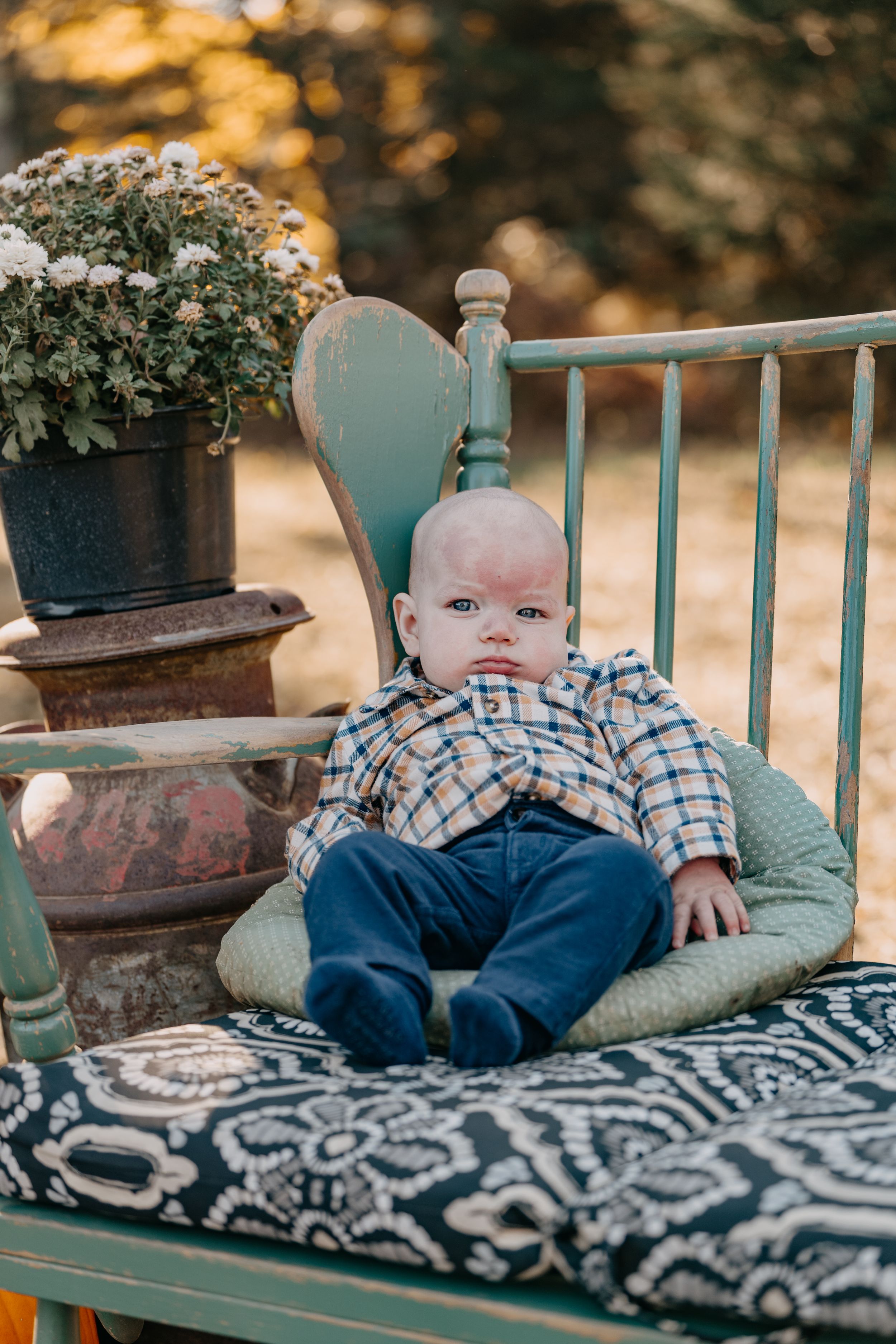 A baby rests on a patterned cushion on a turquoise vintage bench with potted plants.