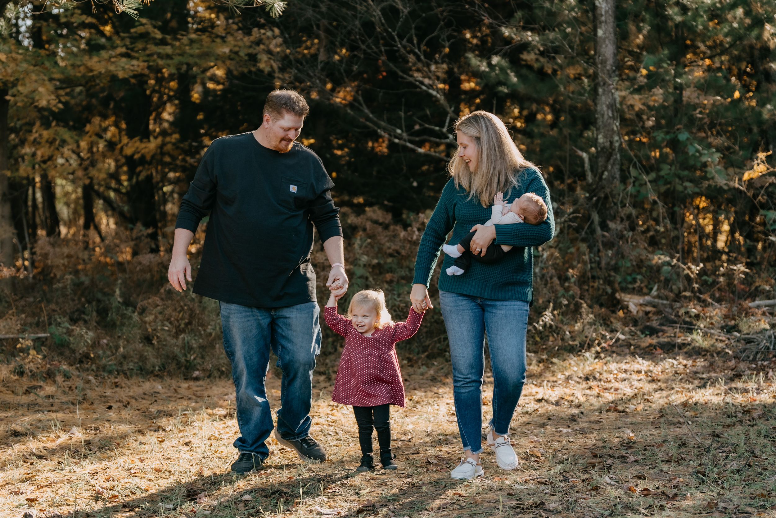 A series of family photos taken outdoors showing casual interactions between parents and children at dusk.