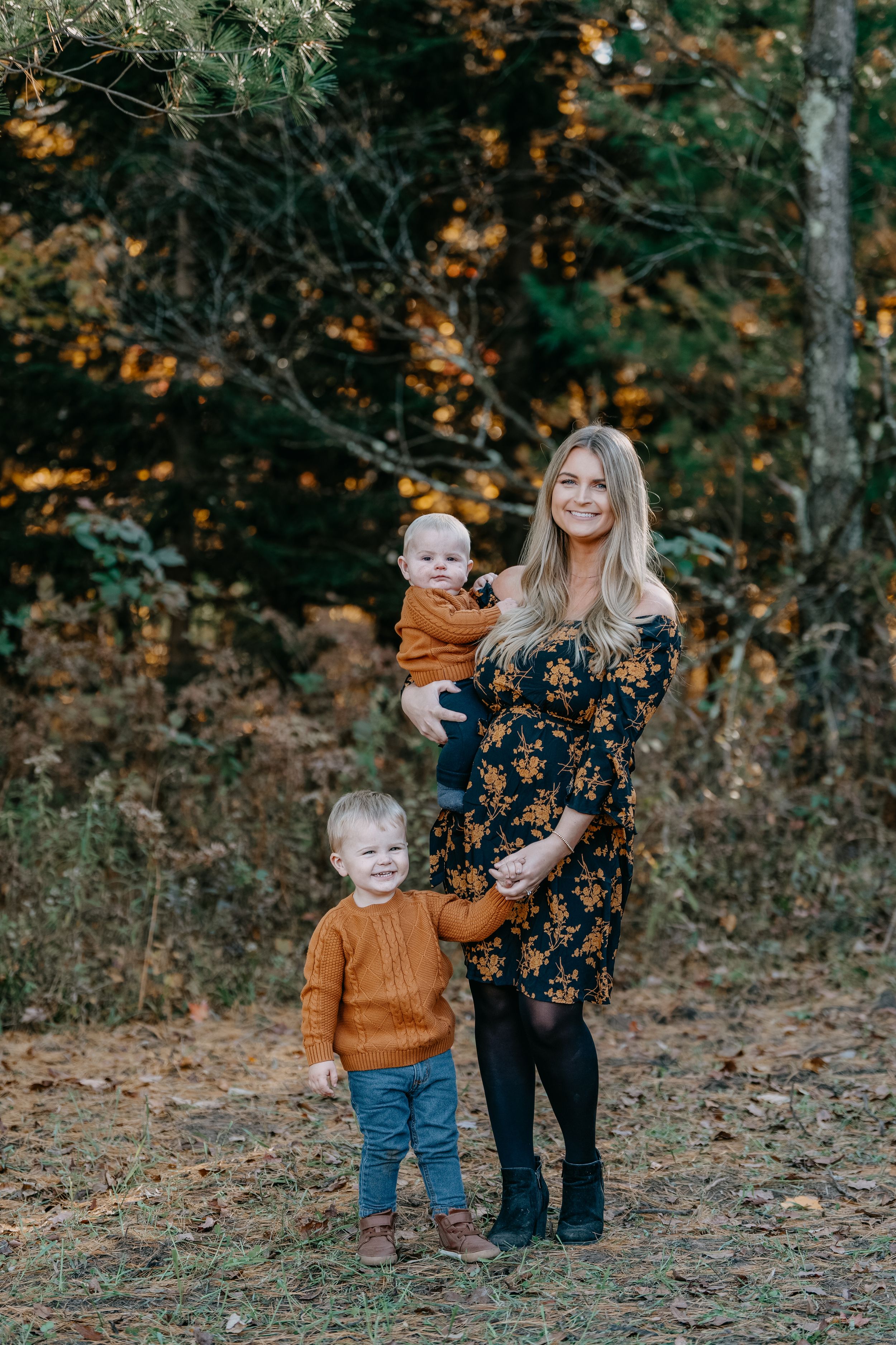 Three heartwarming outdoor family photos showing autumn moments between mother and children in a wooded setting.