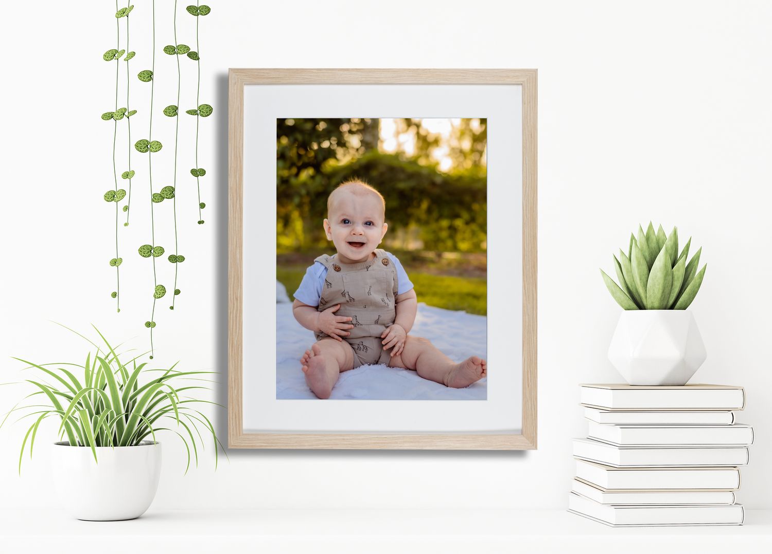 Framed horse photography print displayed on white wall with minimalist home decor.