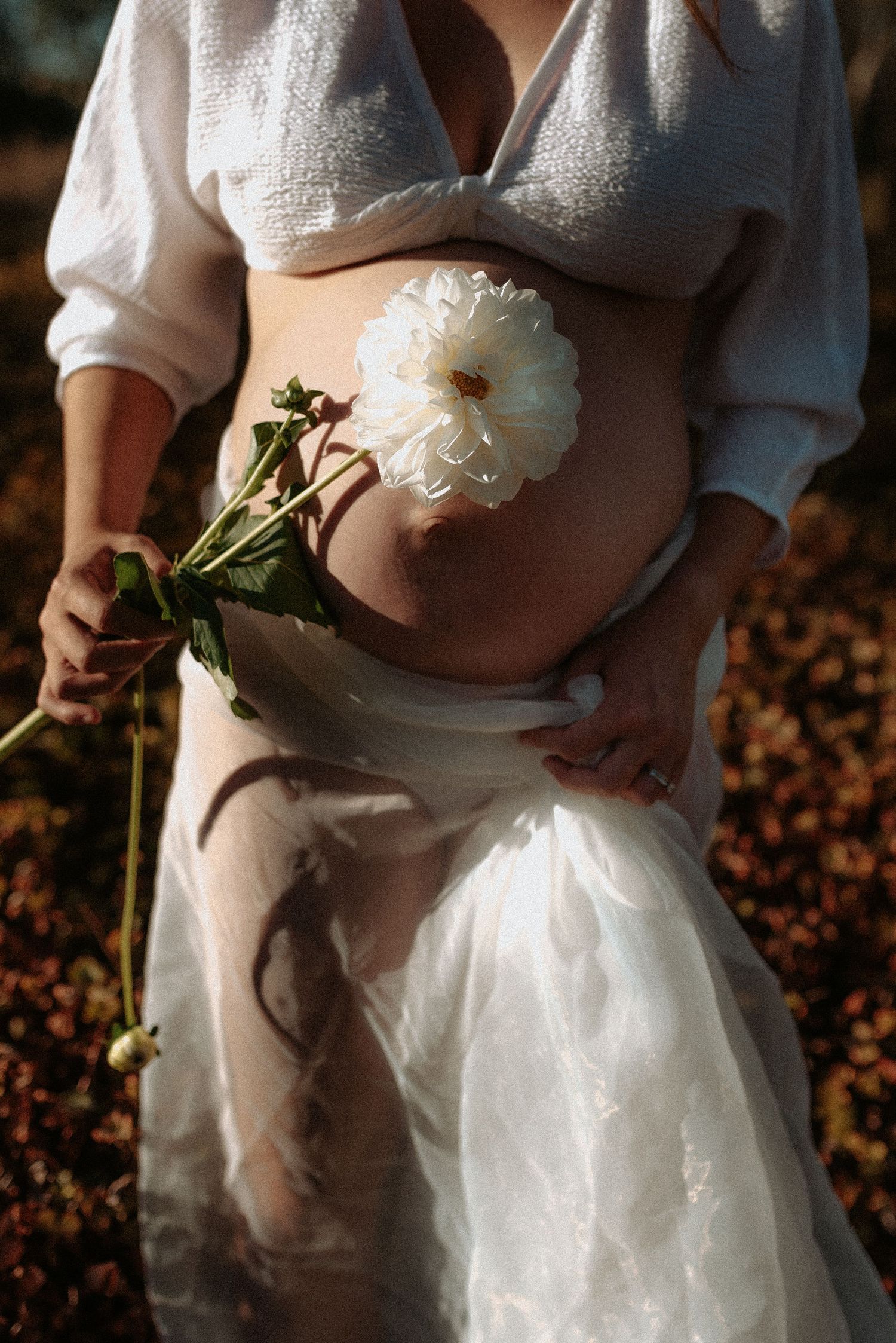 Woman in white dress holding a delicate white peony flower in outdoor sunlight.