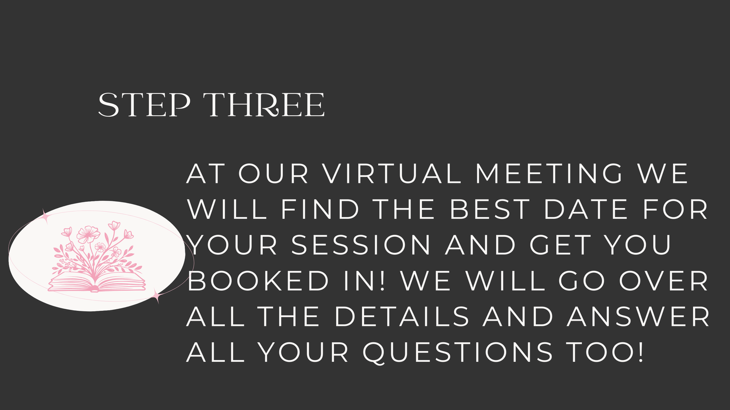 Step three text details virtual meeting scheduling with pink brain graphic icon on dark gray background.