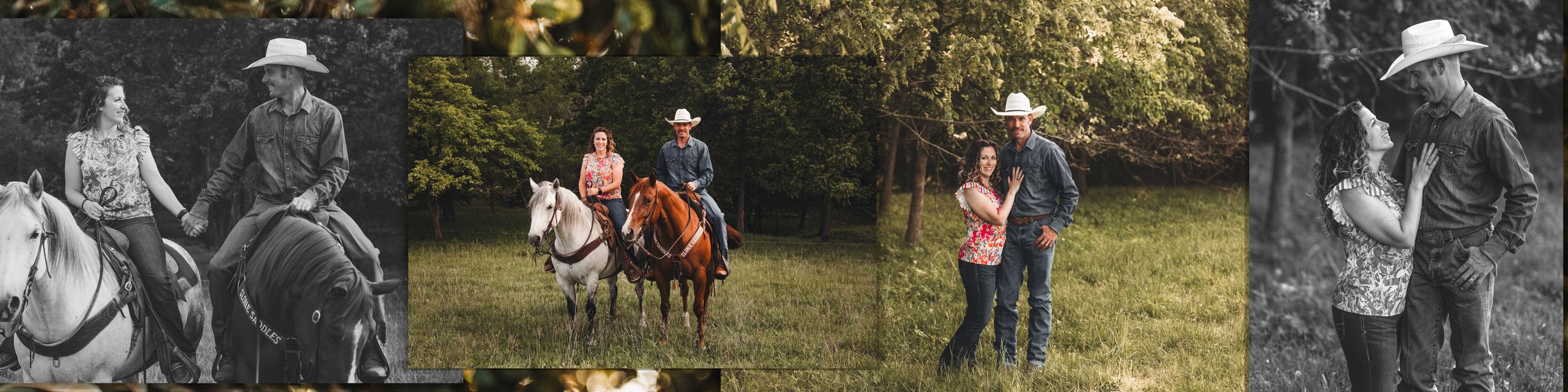Romantic engagement photos show a couple embracing outdoors during a photoshoot session in black and white and color.