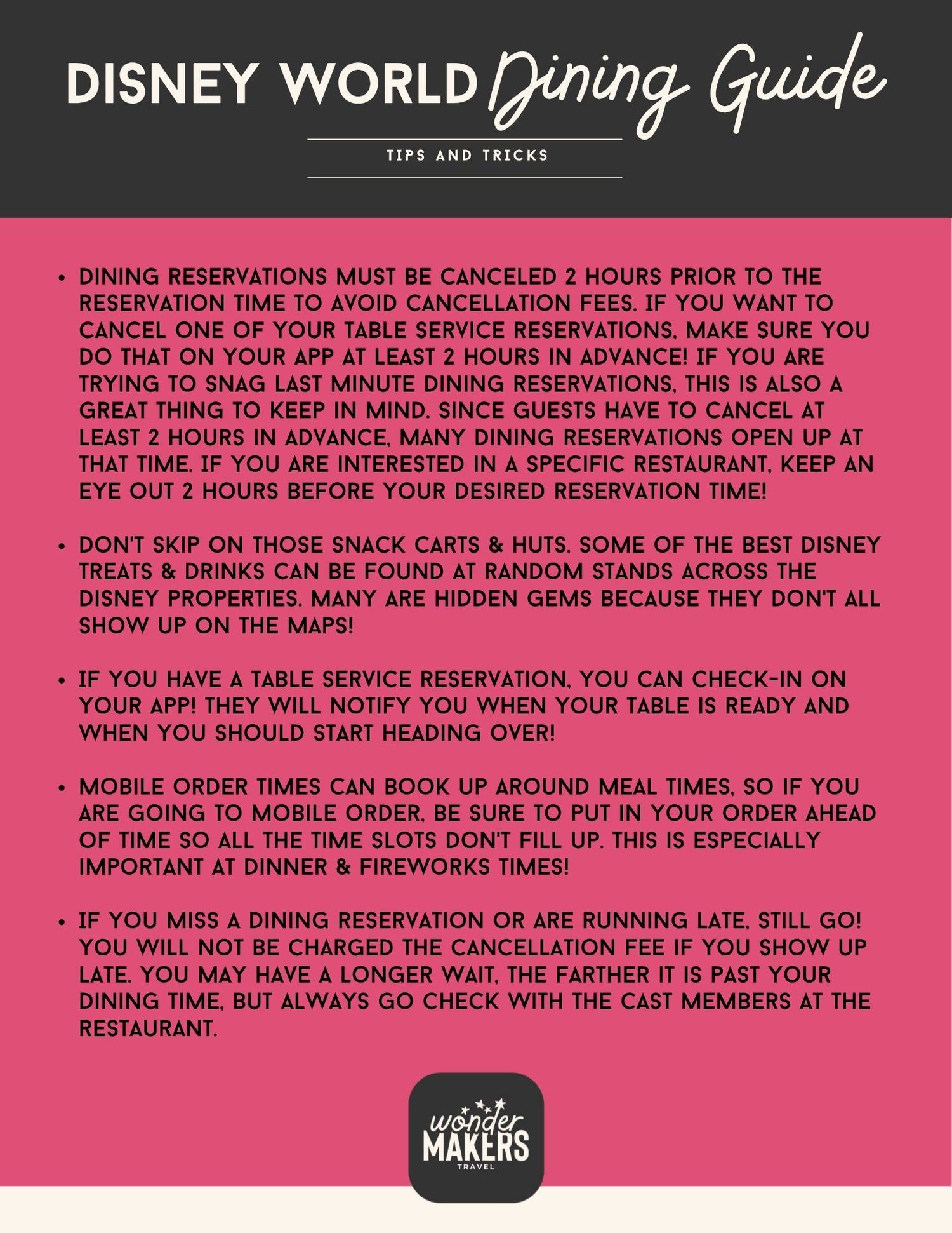 Pink Disney World dining guide page with reservation policies and important tips.