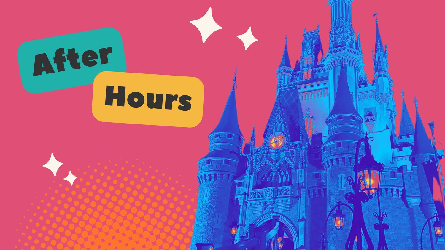 Disney themed banner with castle silhouettes and After Hours text on pink background.