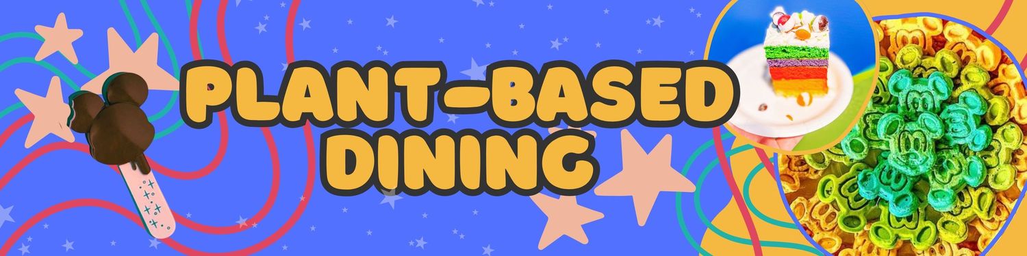 Playful banner with 'Plant-Based Dining' text featuring star decorations and food illustrations.