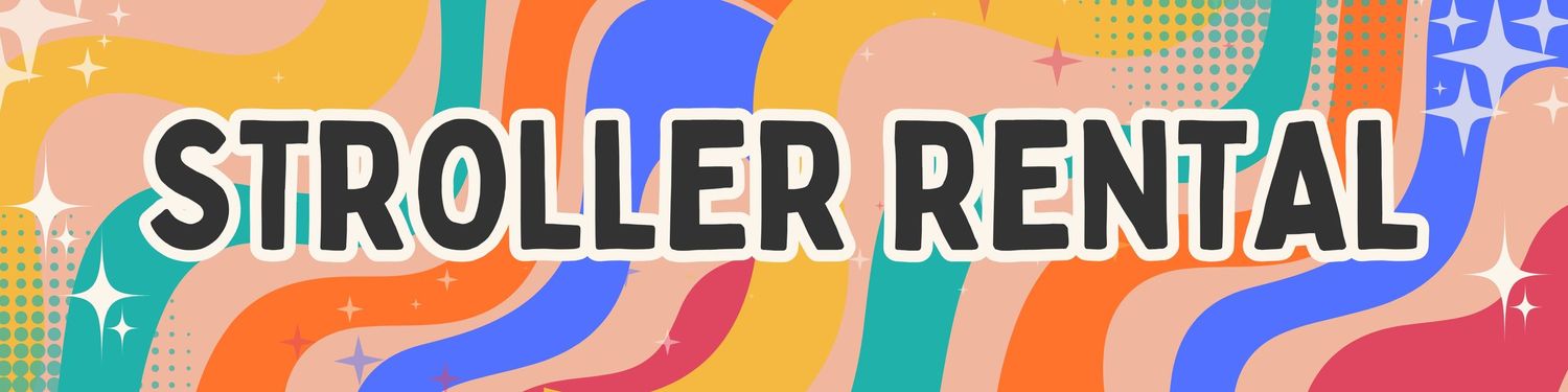 Colorful banner with text 'Stroller Rental' on patterned background with geometric shapes.
