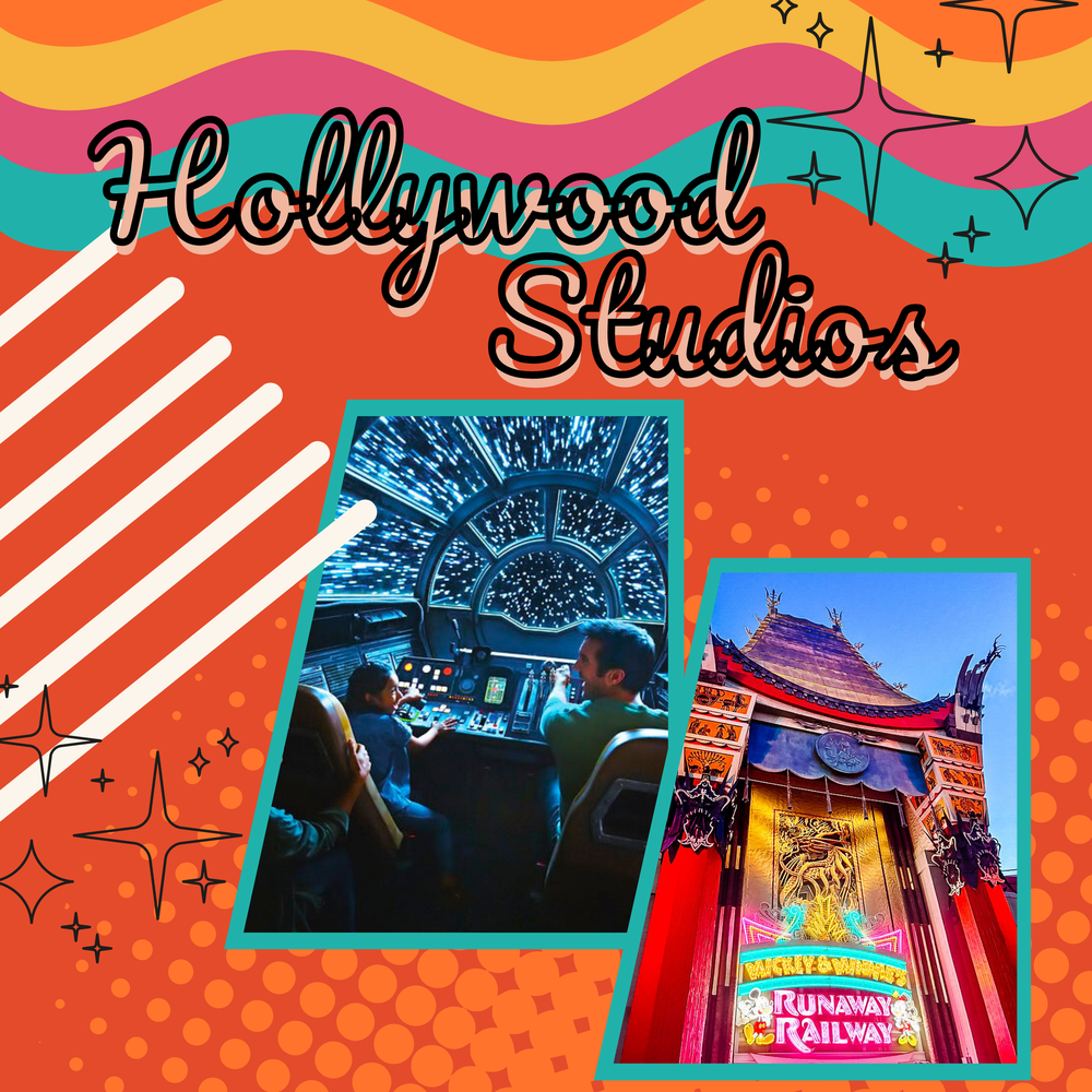 Collage of illuminated nighttime attractions at Disney's Boardwalk with retro-style graphics.