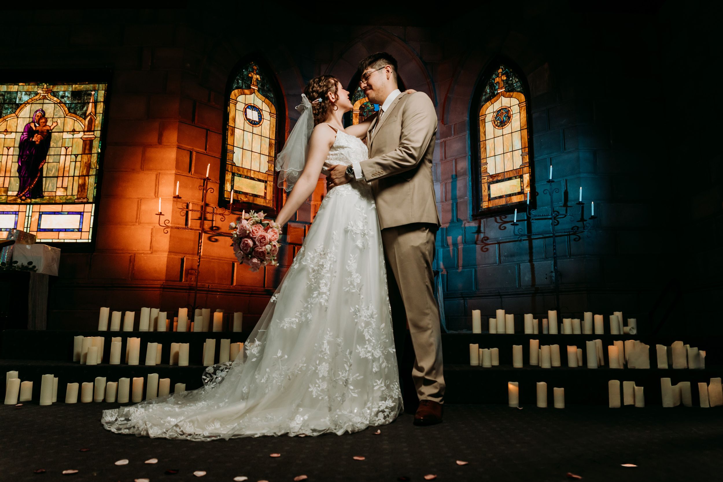 Wedding Picture of a Bride and Groom Just Married At Old St Paul's Church In Yuma, Arizona