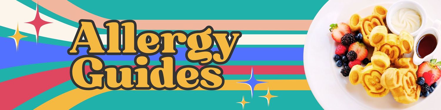Vibrant teal and orange header banner with allergy services text and food icons.