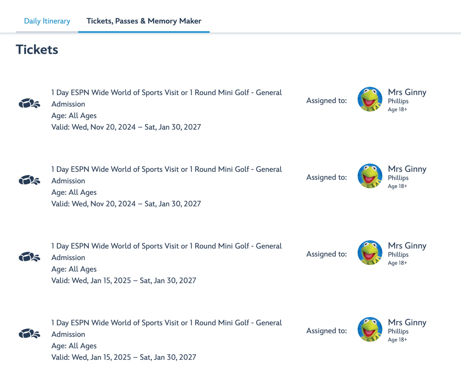 Disney World ticket booking interface showing multiple admission tickets and booking details.