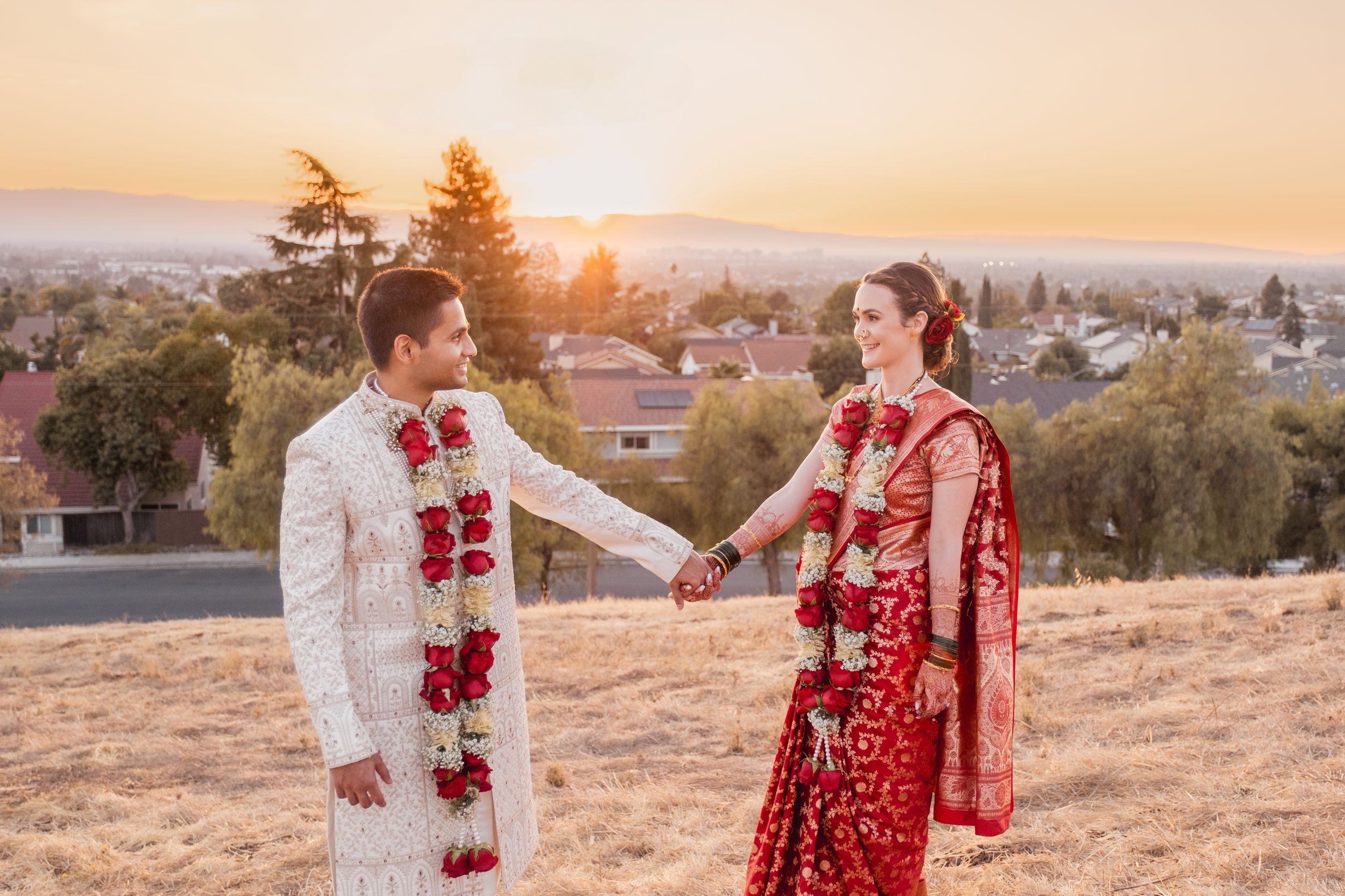 newly wed at a park during golden hour.