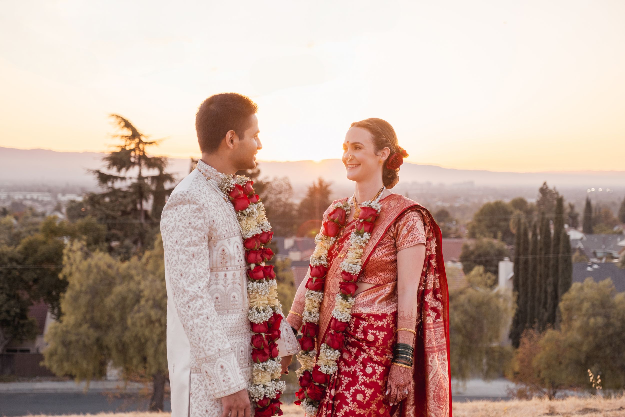newly wed at a park during golden hour.