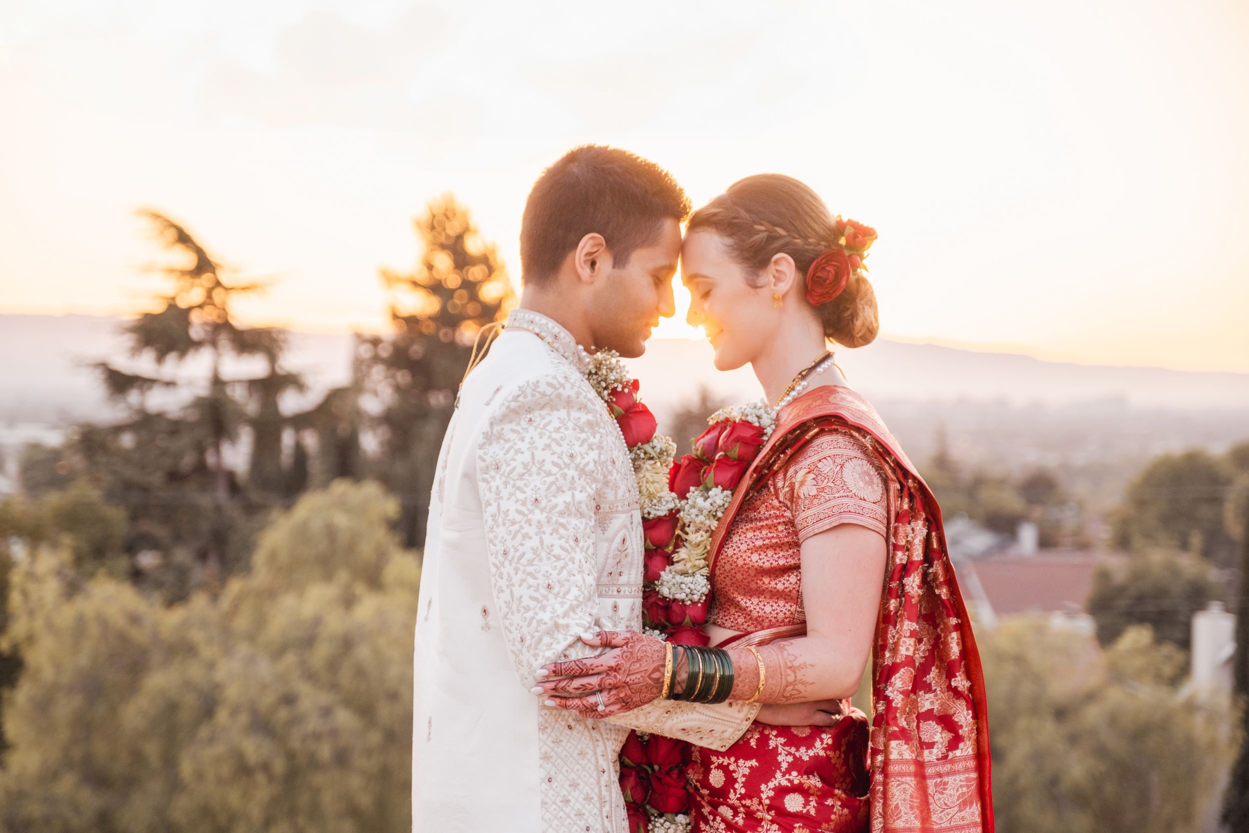 newly wed at a park during golden hour.