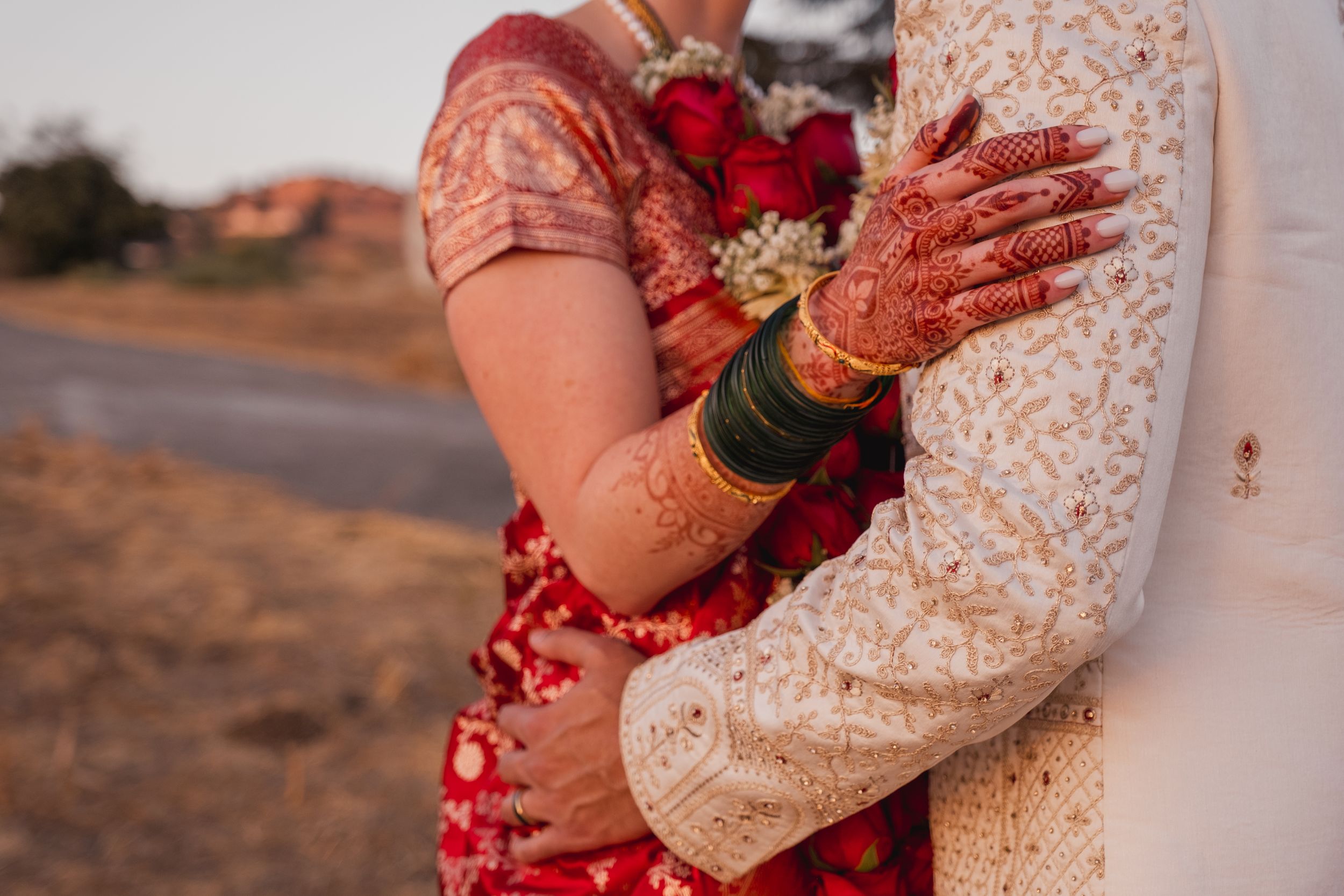 newly wed at a park during golden hour.