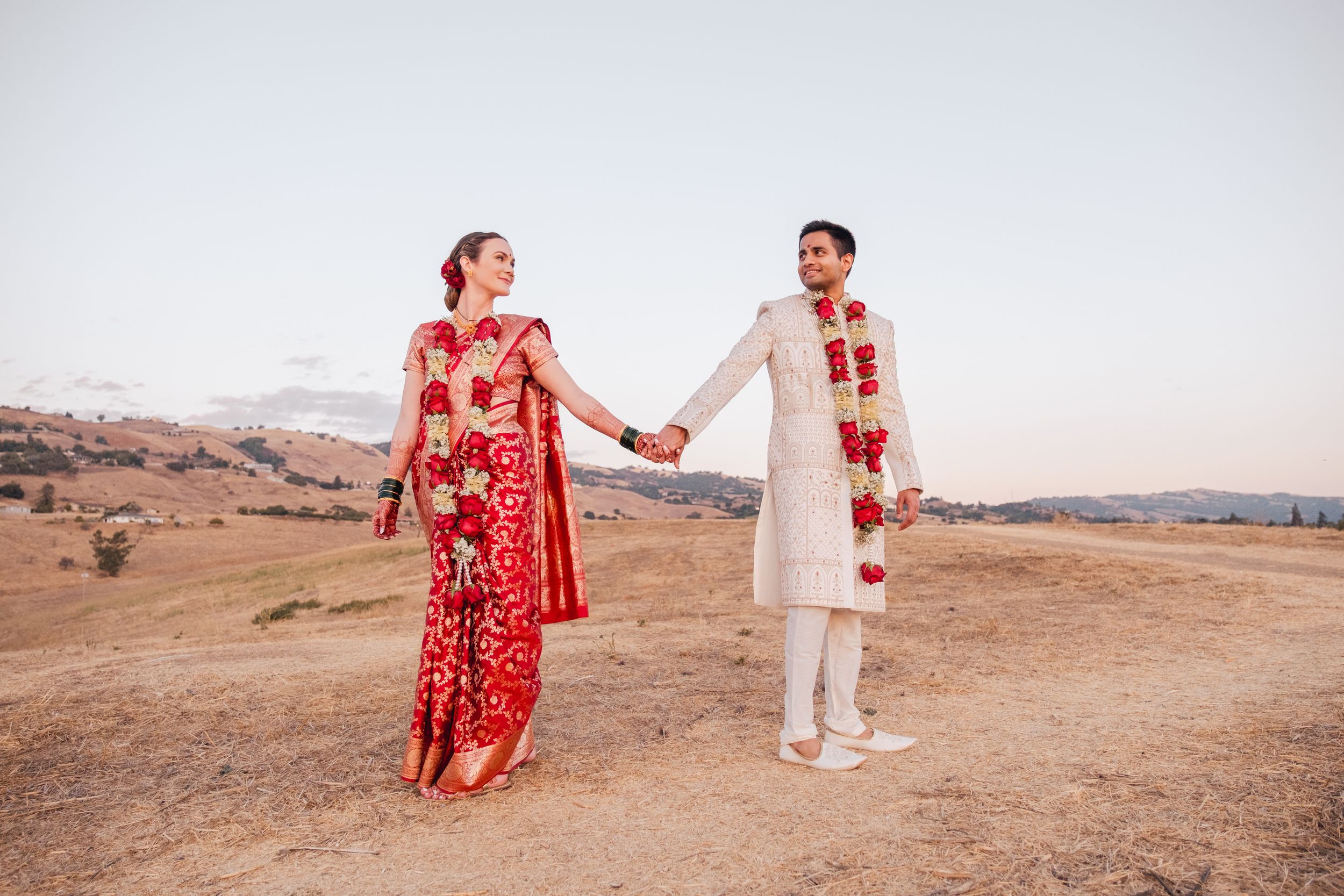 newly wed at a park during golden hour.