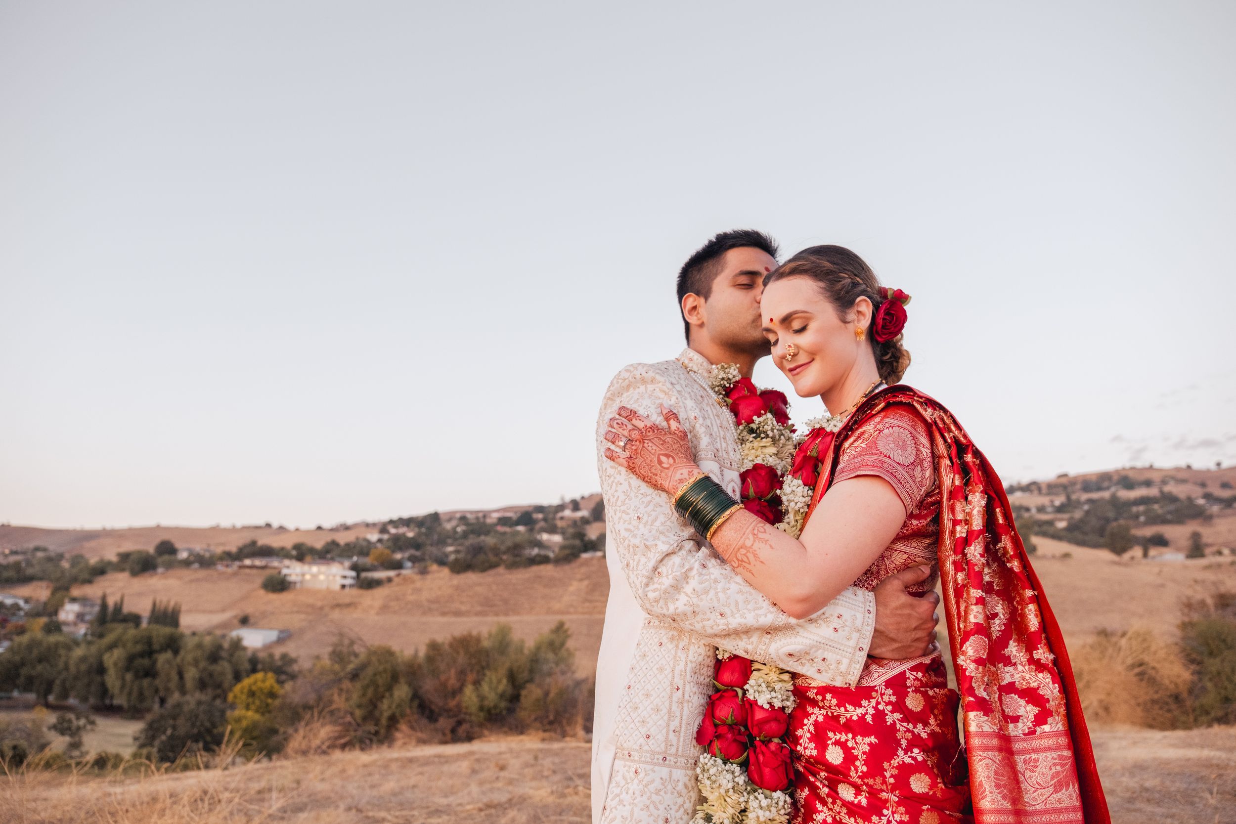 newly wed at a park during golden hour.