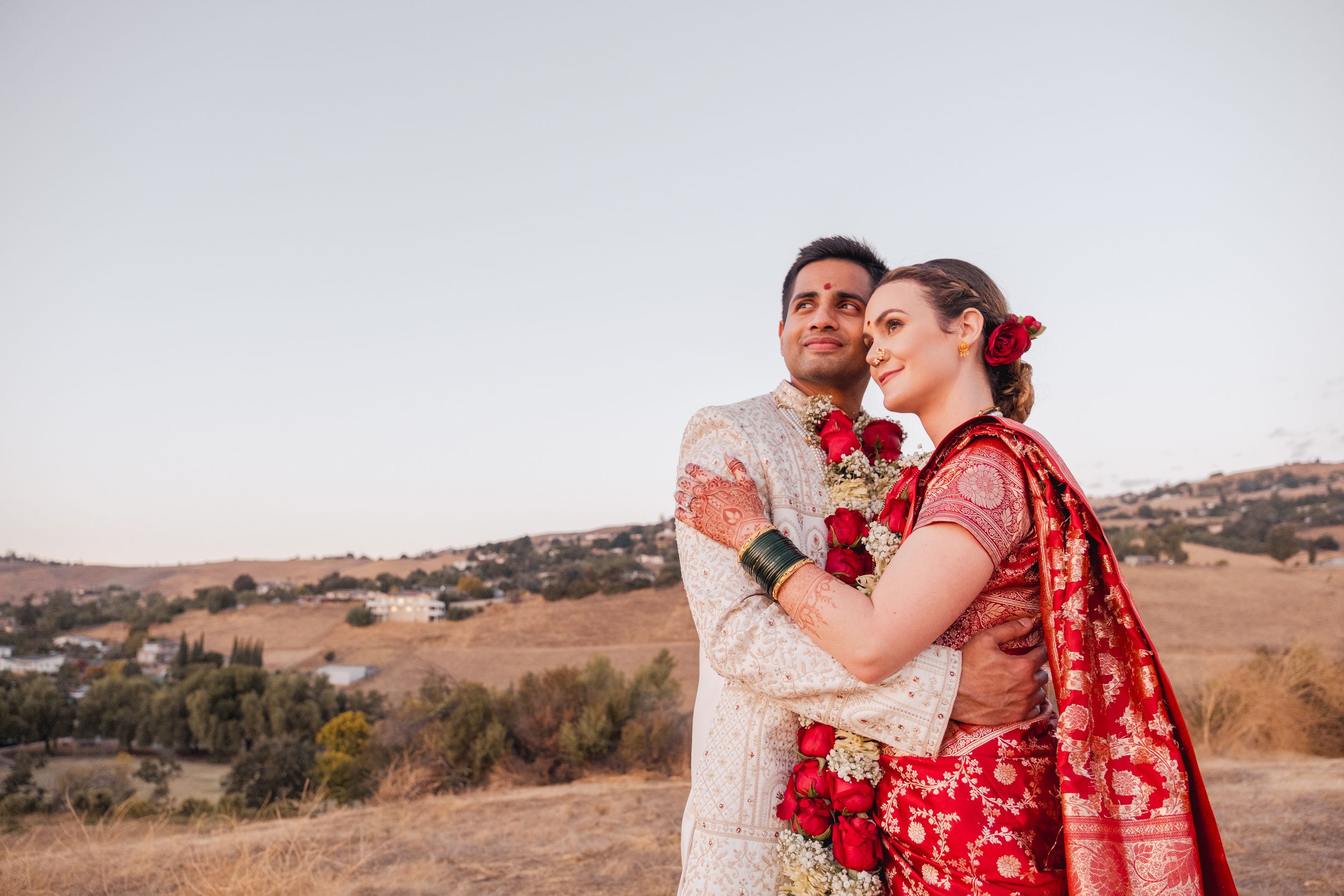 newly wed at a park during golden hour.
