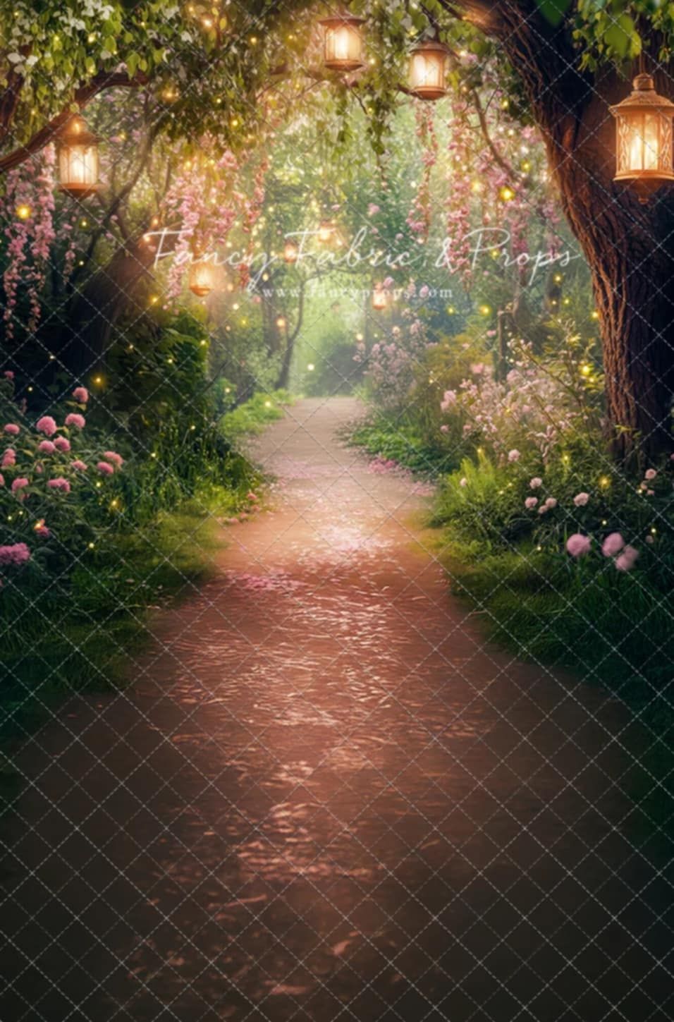 A magical garden path illuminated by hanging lanterns among blooming flowers and twinkling lights in a dreamy setting.