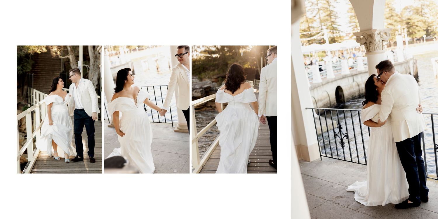 A joyful wedding couple embraces on a coastal cliff at golden hour, with her wearing an off-shoulder white gown.