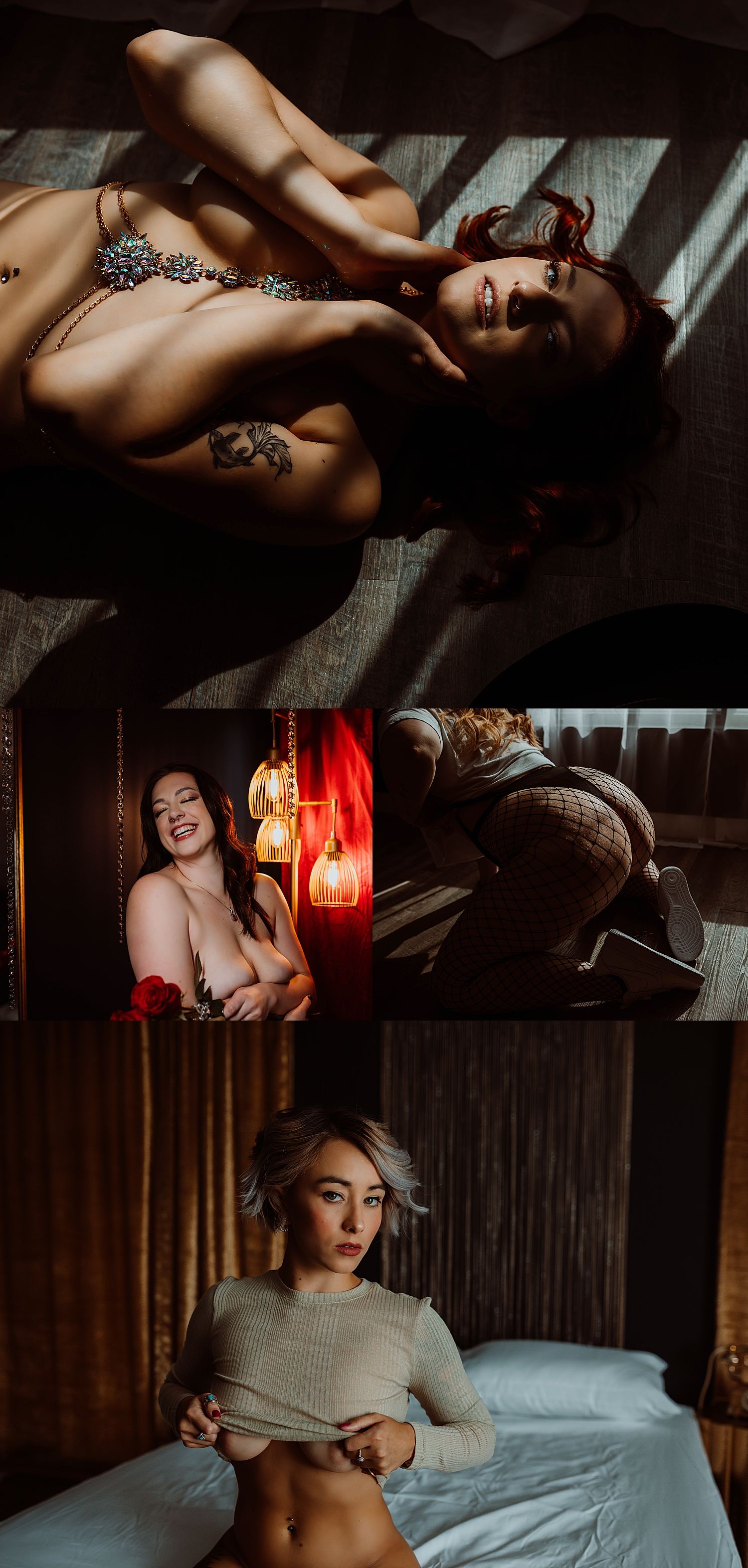 woman in body jewelry holds her face softly by Boudoir by KJ