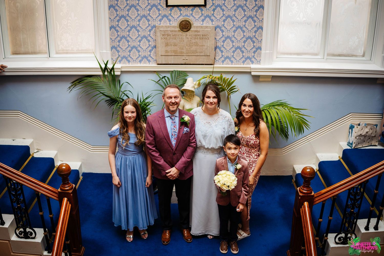 Panoramic series of photos showing wedding party members in formal attire gathering inside a venue with blue patterned walls.