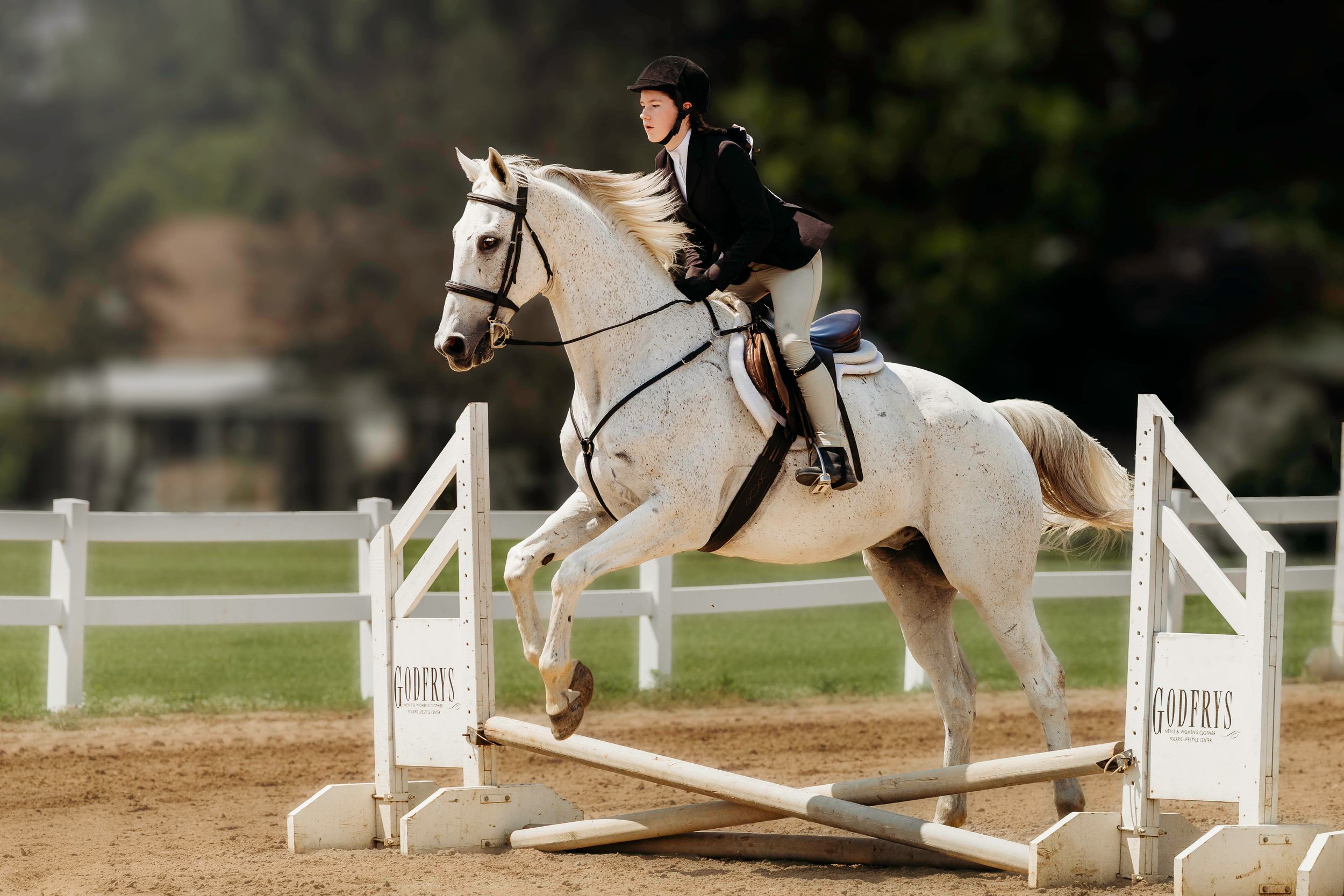 A rider in black attire jumps a white horse over white rails during an equestrian competition.