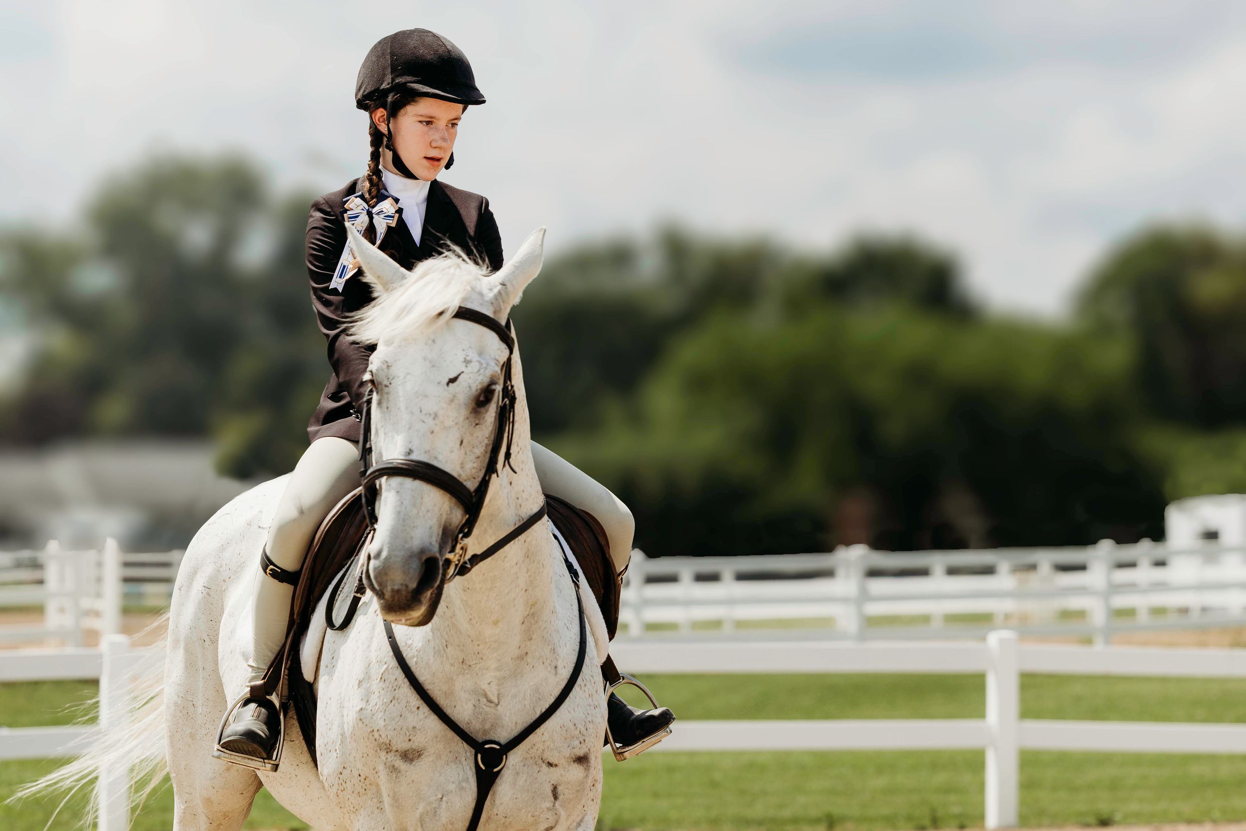 An equestrian rider in black helmet and white shirt rides a beautiful white horse in an outdoor arena.