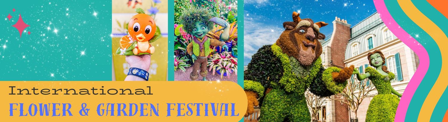 Colorful banner for International Flower & Garden Festival featuring whimsical garden designs.