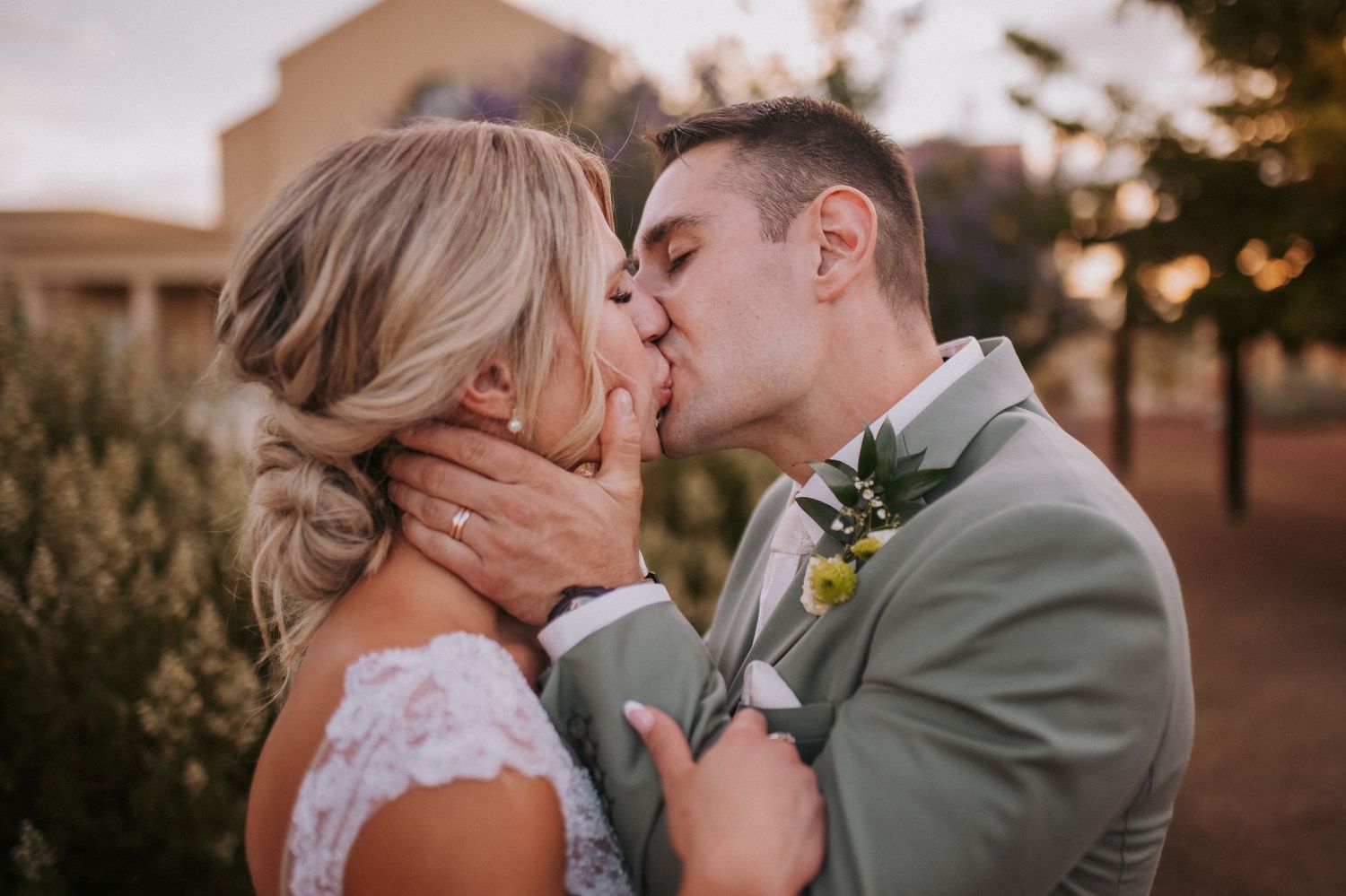 A series of romantic outdoor wedding photos captured during golden hour with the couple sharing intimate moments. Queer wedding albuquerque