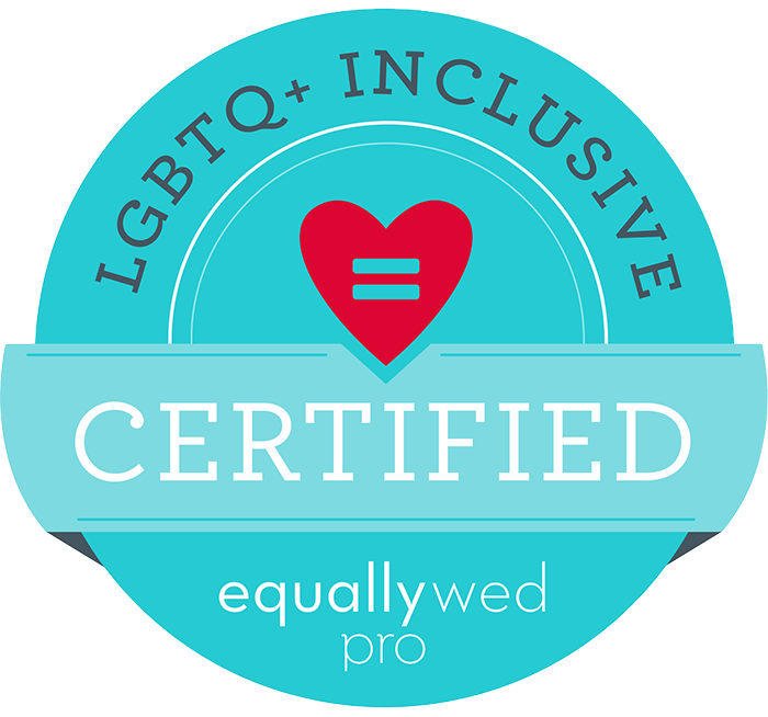 A circular teal badge with LGBTQ+ inclusive certification from EquallyWed Pro featuring a red heart with an equals sign.
