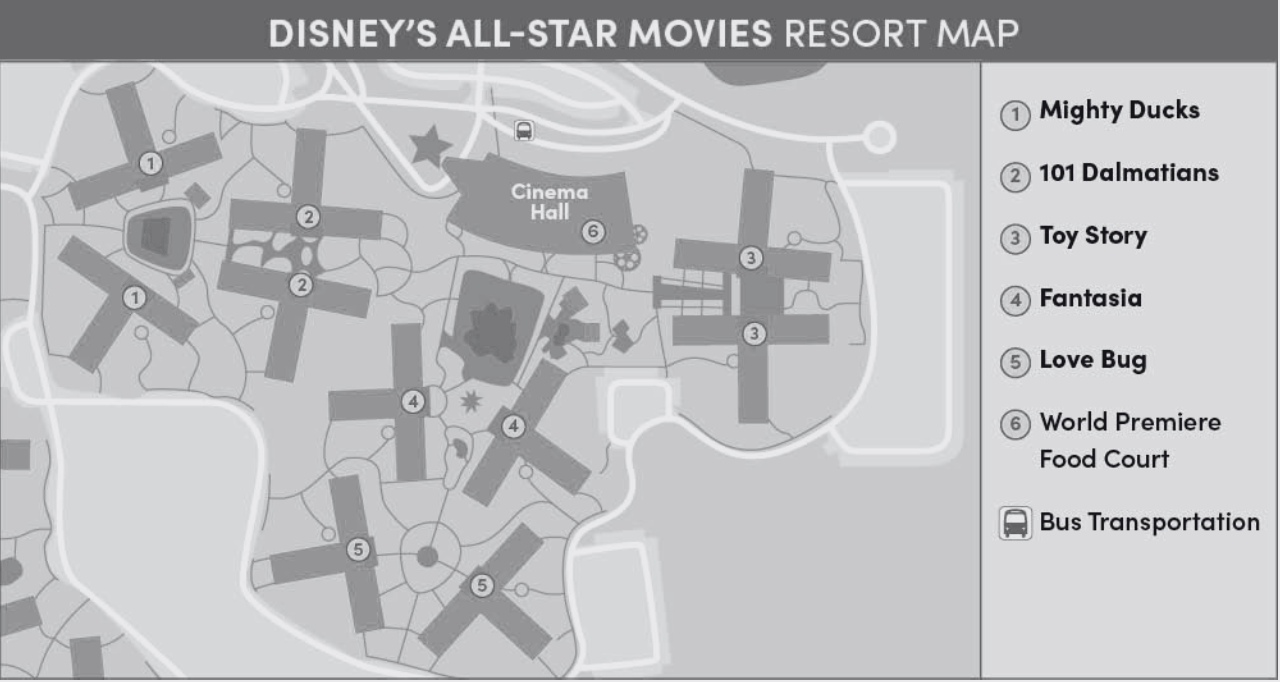 Resort map showing layout of Disney's All-Star Movies Resort with labeled sections and buildings.