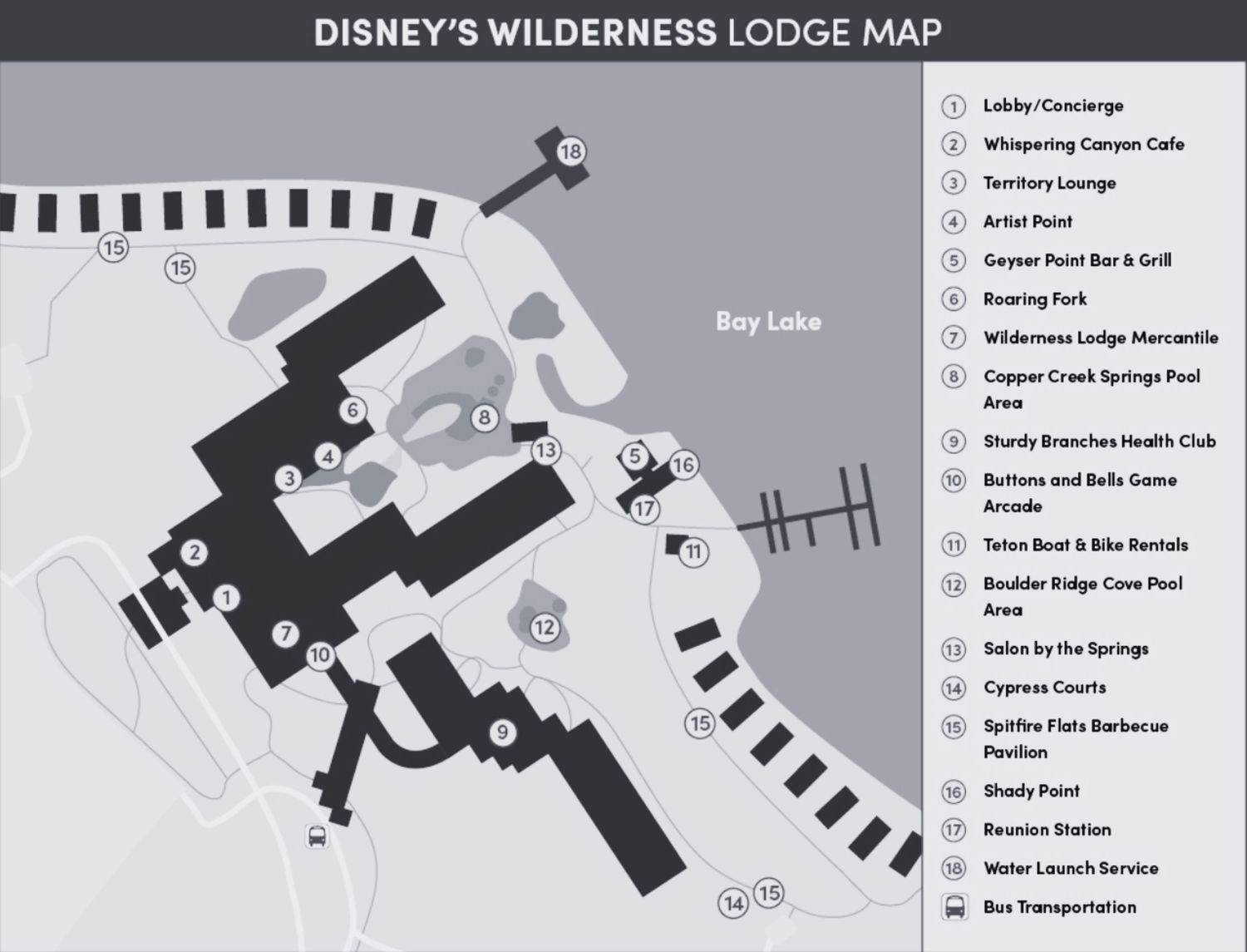 Black and white floor plan map showing layout of Disney's Wilderness Lodge resort.