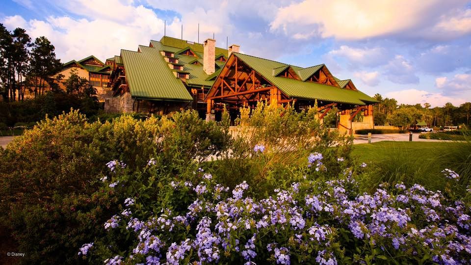 Rustic lodge building with green roof surrounded by purple flowers and landscaping.