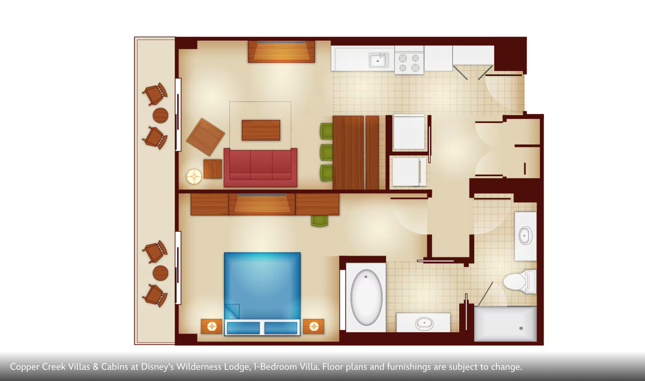 Floor plan layout of standard hotel room with living area, bathroom and bedroom spaces.